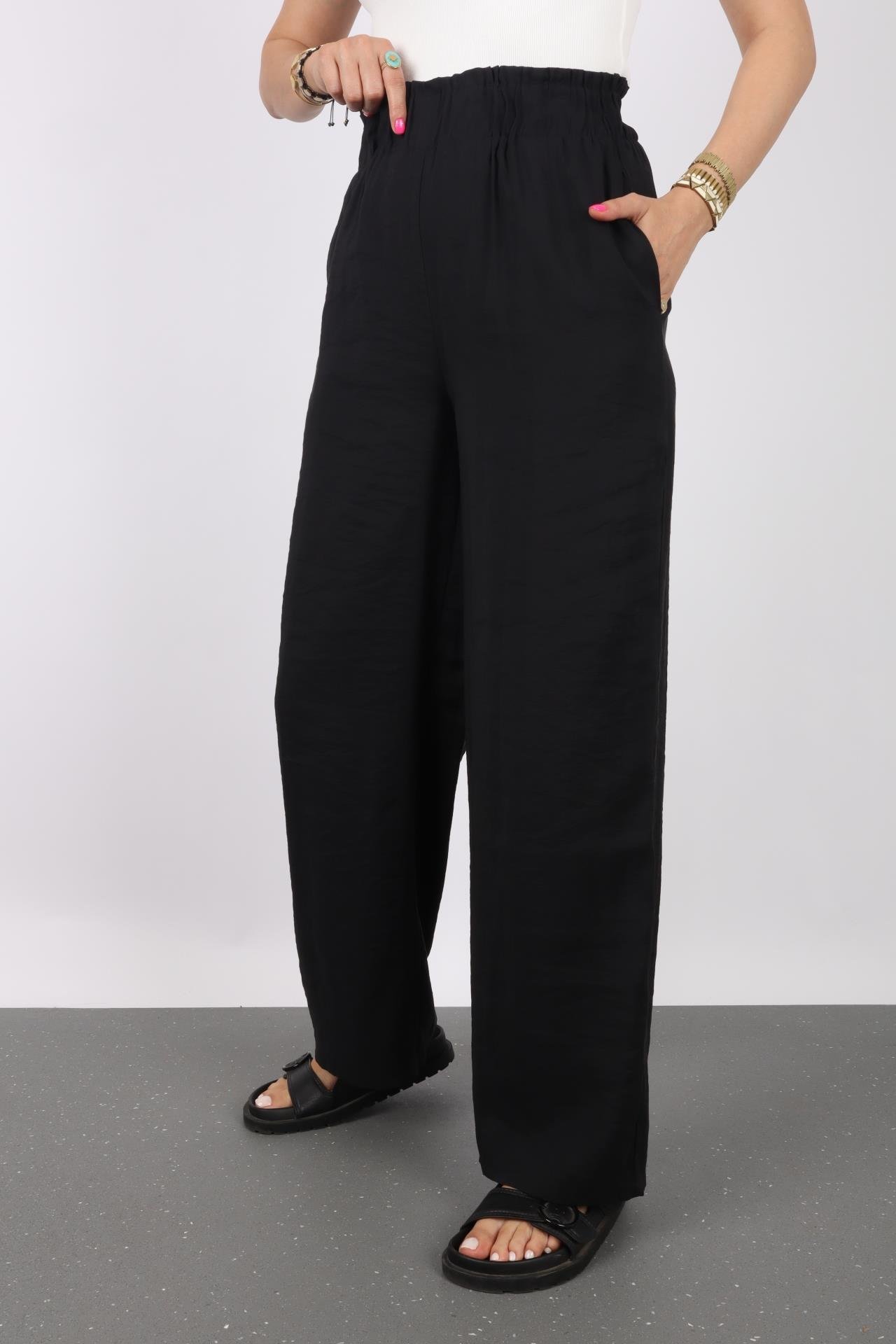 Kalın Lastikli Bol Paça Tensel Kumaş Siyah Pantolon - No33 Butik