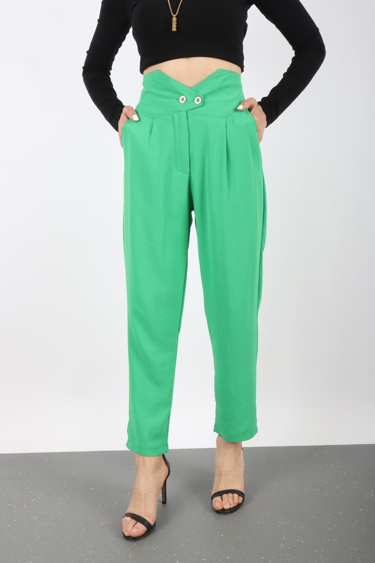 Yarım Lastikli Bel Detay Yeşil Kumaş Pantolon - No33 Butik
