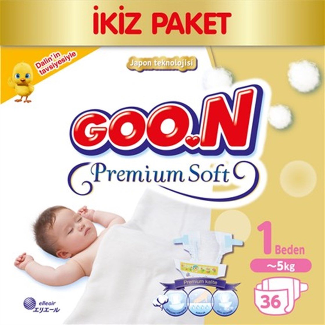 Goon Bebek Bezi Premium Soft Yenidoğan 1 Beden Ekonomik Paket 36 Adet |  Dermoailem