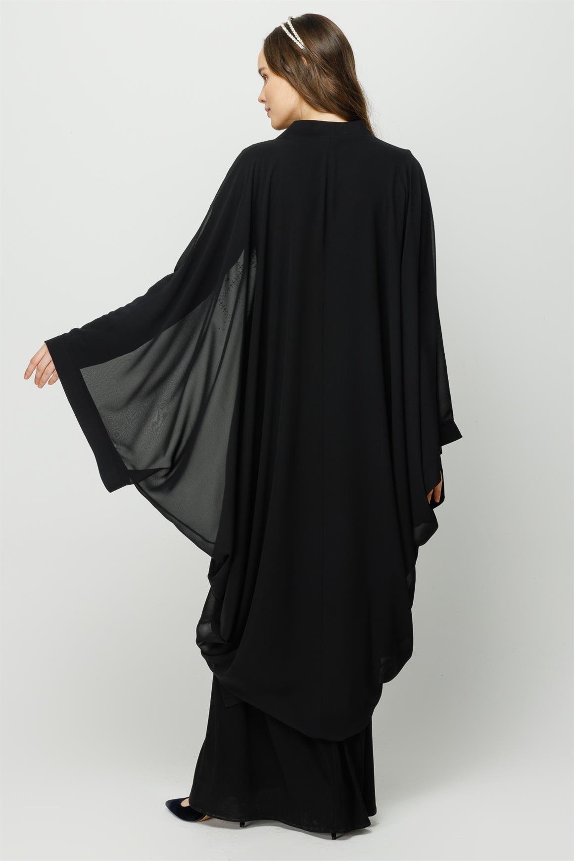 Dökümlü Taş Yapıştırma Detaylı İçi Sandy Dışı Şifon Elbiseli Takım Siyah