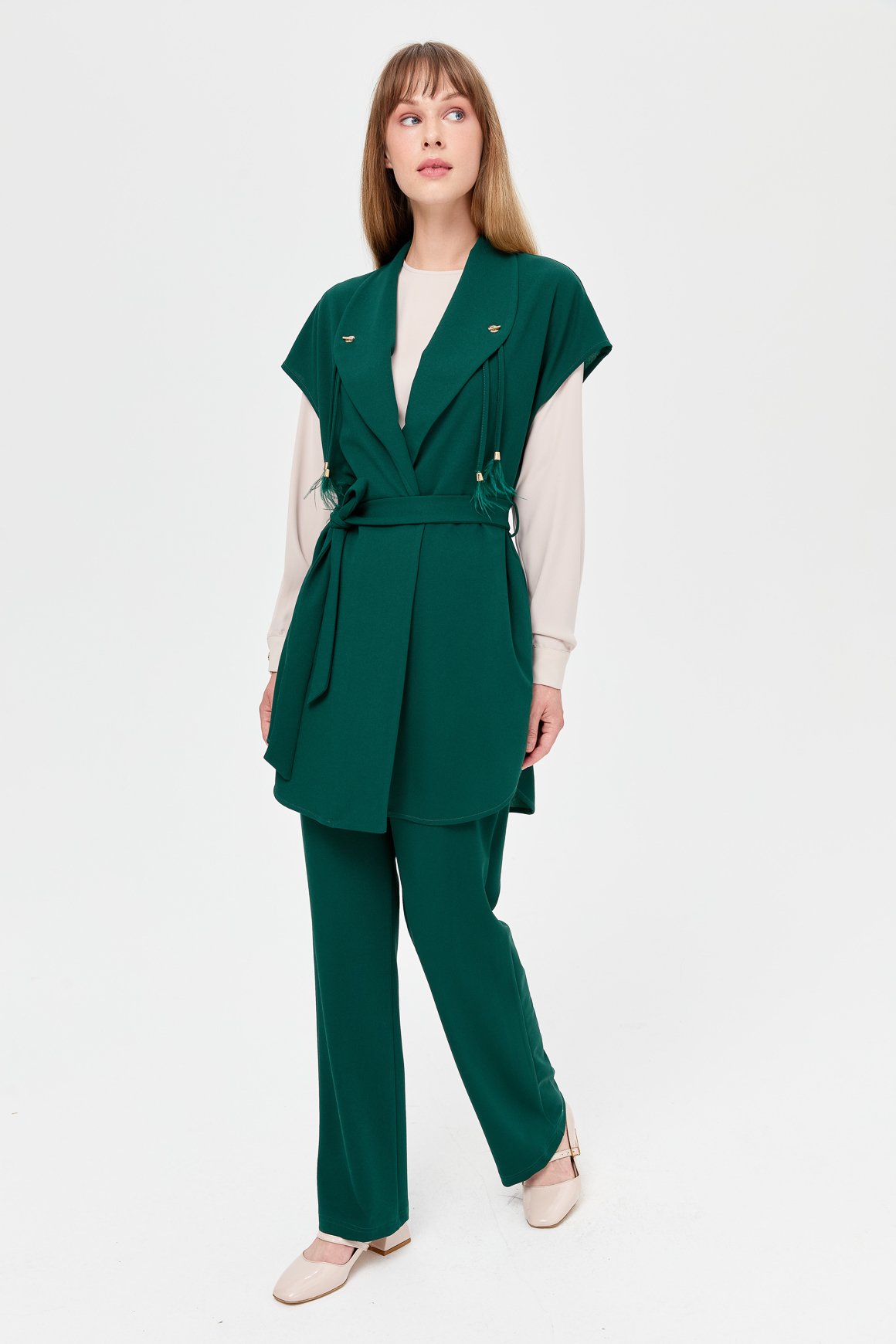 Piping Tassel Detailed Crepe Triple Suit - Emerald
