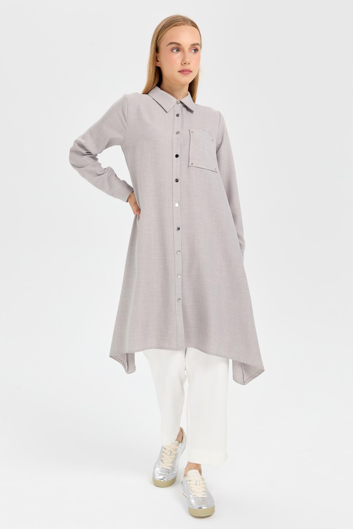 Asymmetrical Cut Tunic with Pocket Detail - Grey