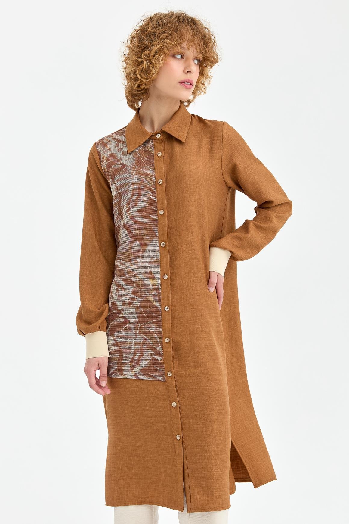 Long Tunic with Mesh Detail - Camel