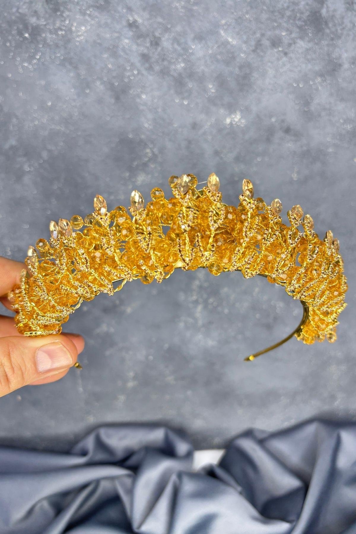 Bal Rengi Kristal Boncuk İşlemeli Buğlem Gelin Tacı