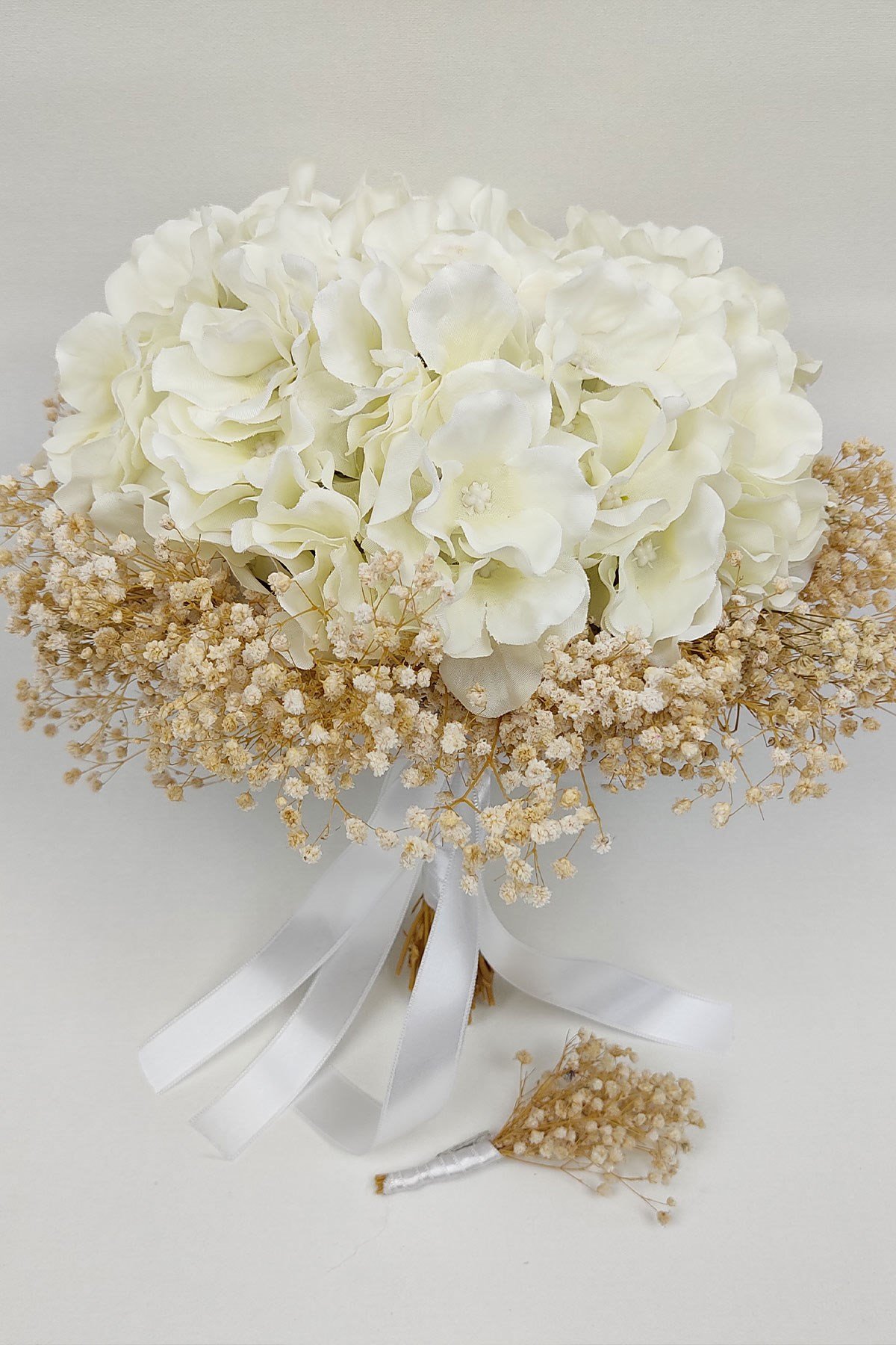 White Hydrangea Cipso Bride Bouquet And Groom Boutonniere dreamerbeads