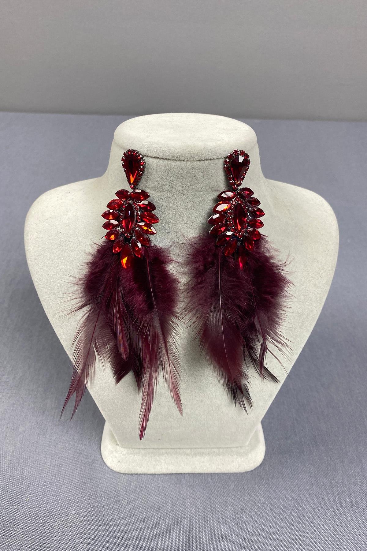 Burgundy Most Stylish Feathered Special Invitation Prom Wedding Evening Dress Earrings Daydreamer