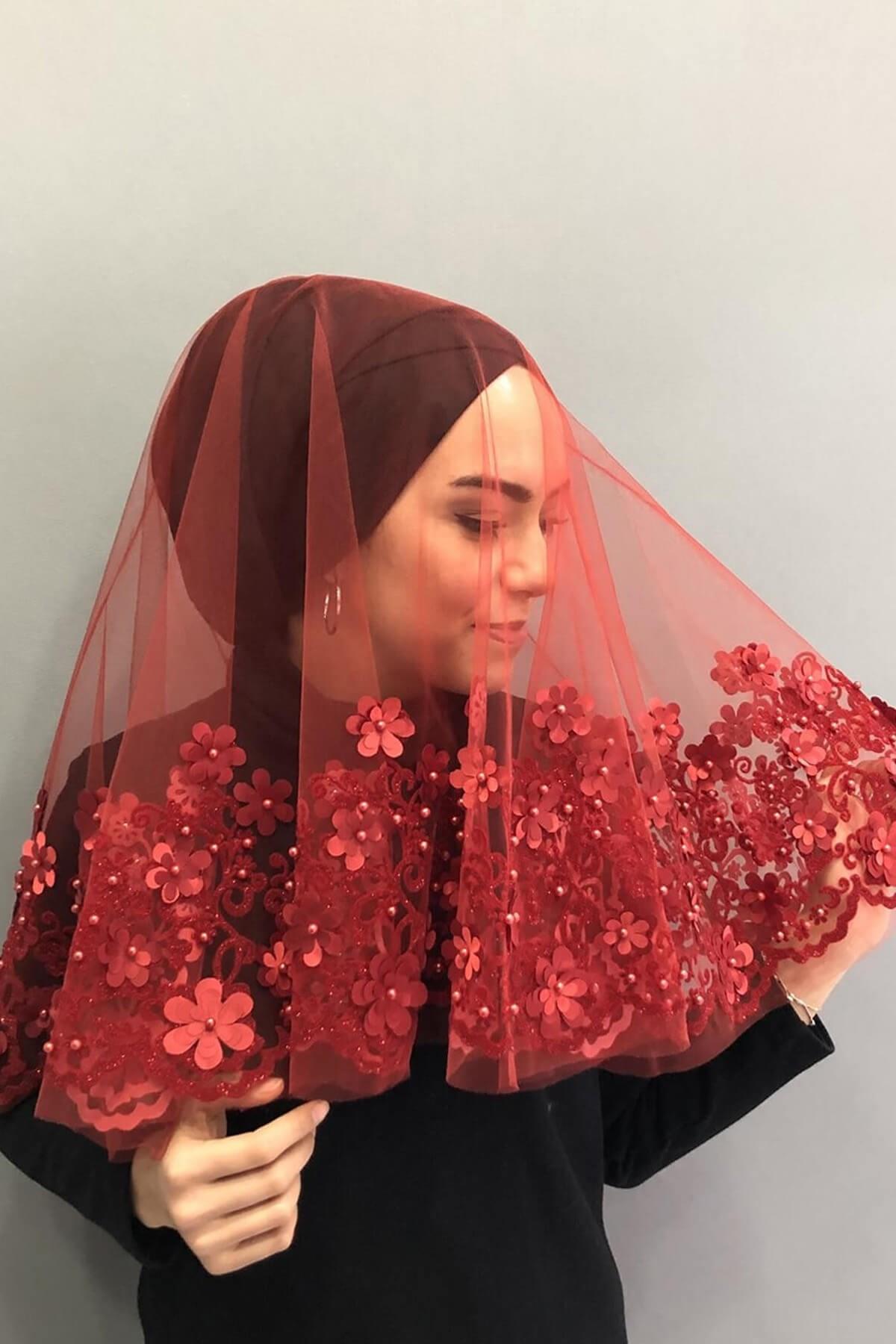 Wholesale Red Thick Flower Embroidered Bridal Veil Henna Face Veil