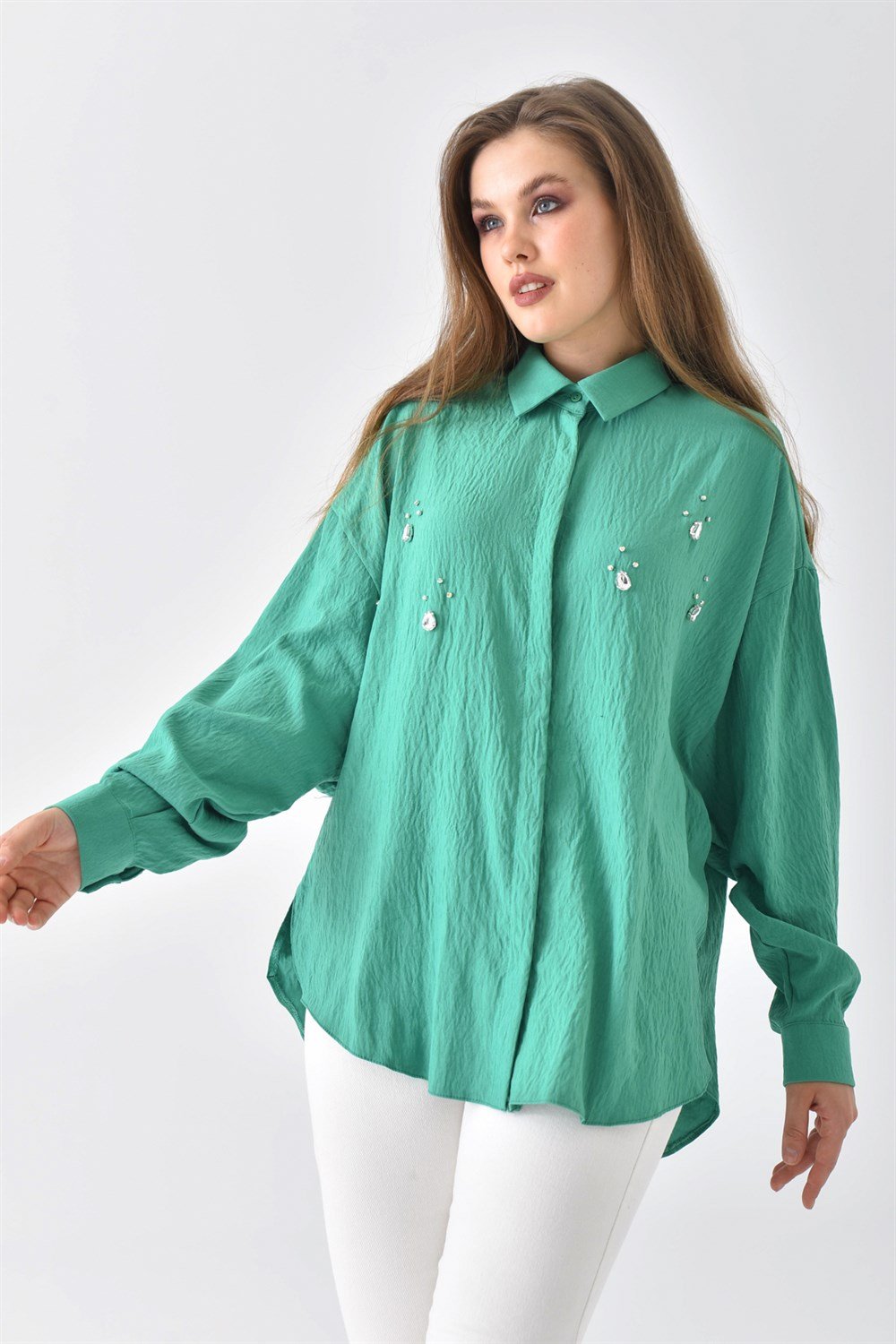 Ftz Women Kadın Taşlı Gömlek Yeşil 30118