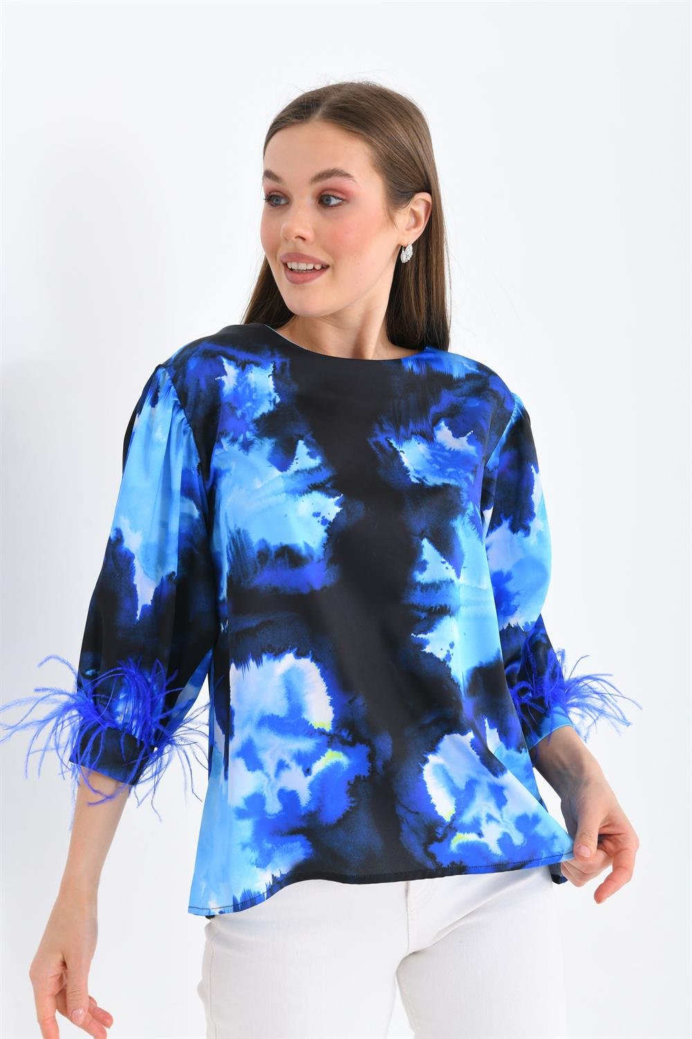 Ftz Women Kadın Tüğlü Saten Bluz Saks Mavi 30447