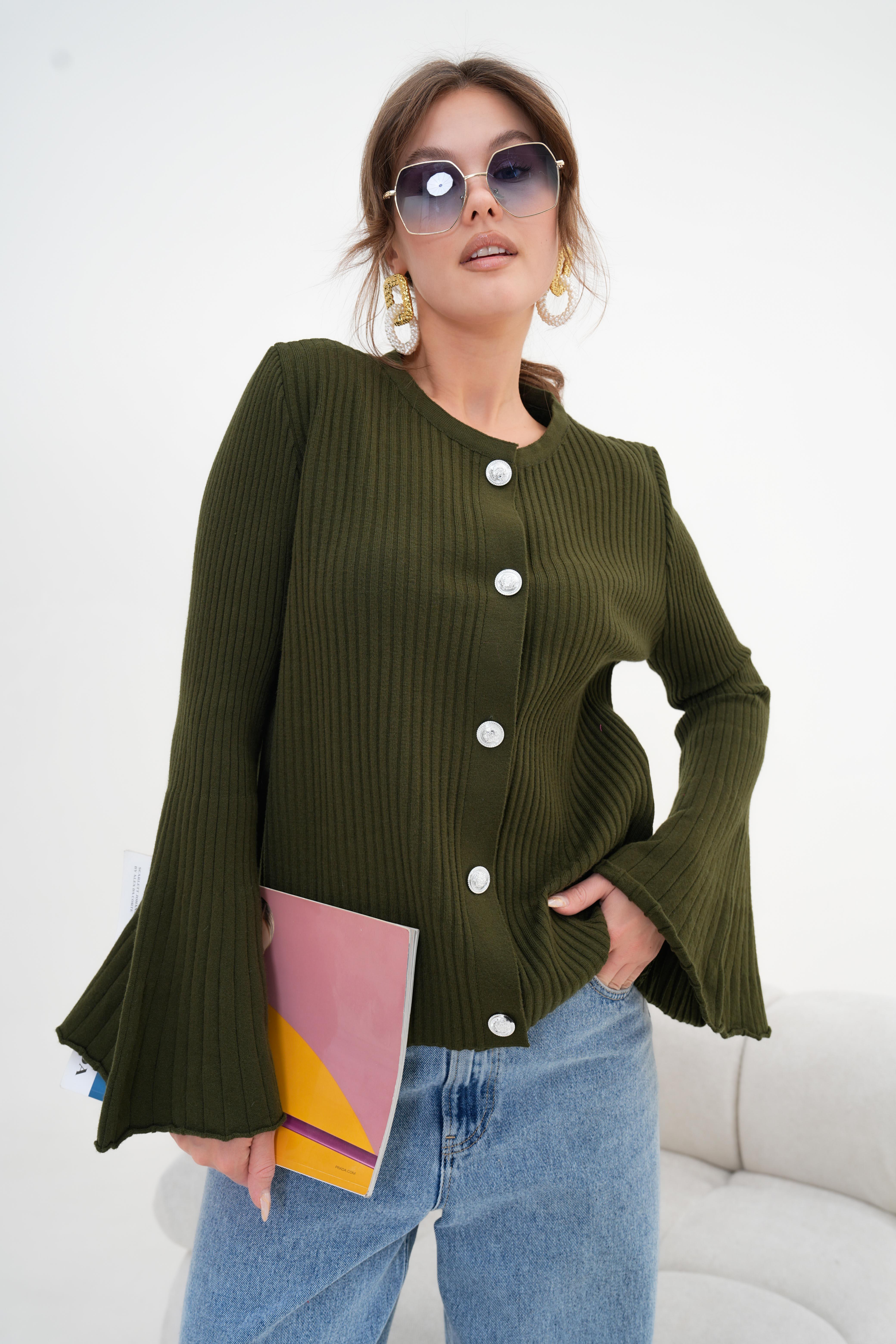 FTZ Women Kadın Volan Kol Detaylı Hırka Haki 20898