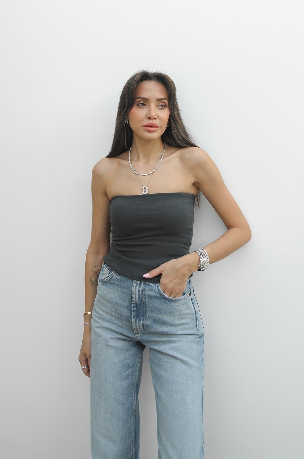 Antrasit Straplez Crop Top 259,00 TL