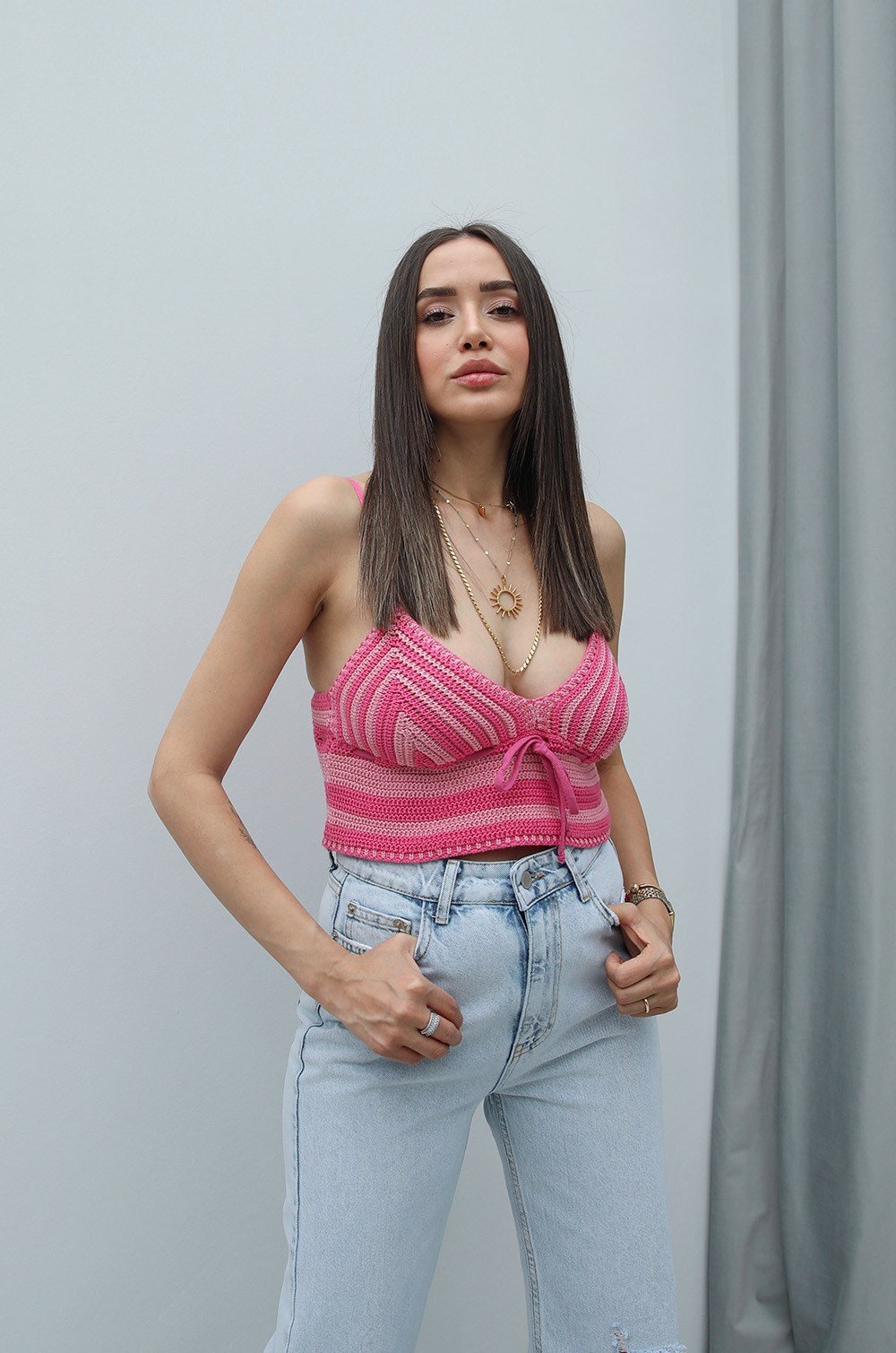 Fuşya Pembe Askılı Örgü Crop 89,00 TL