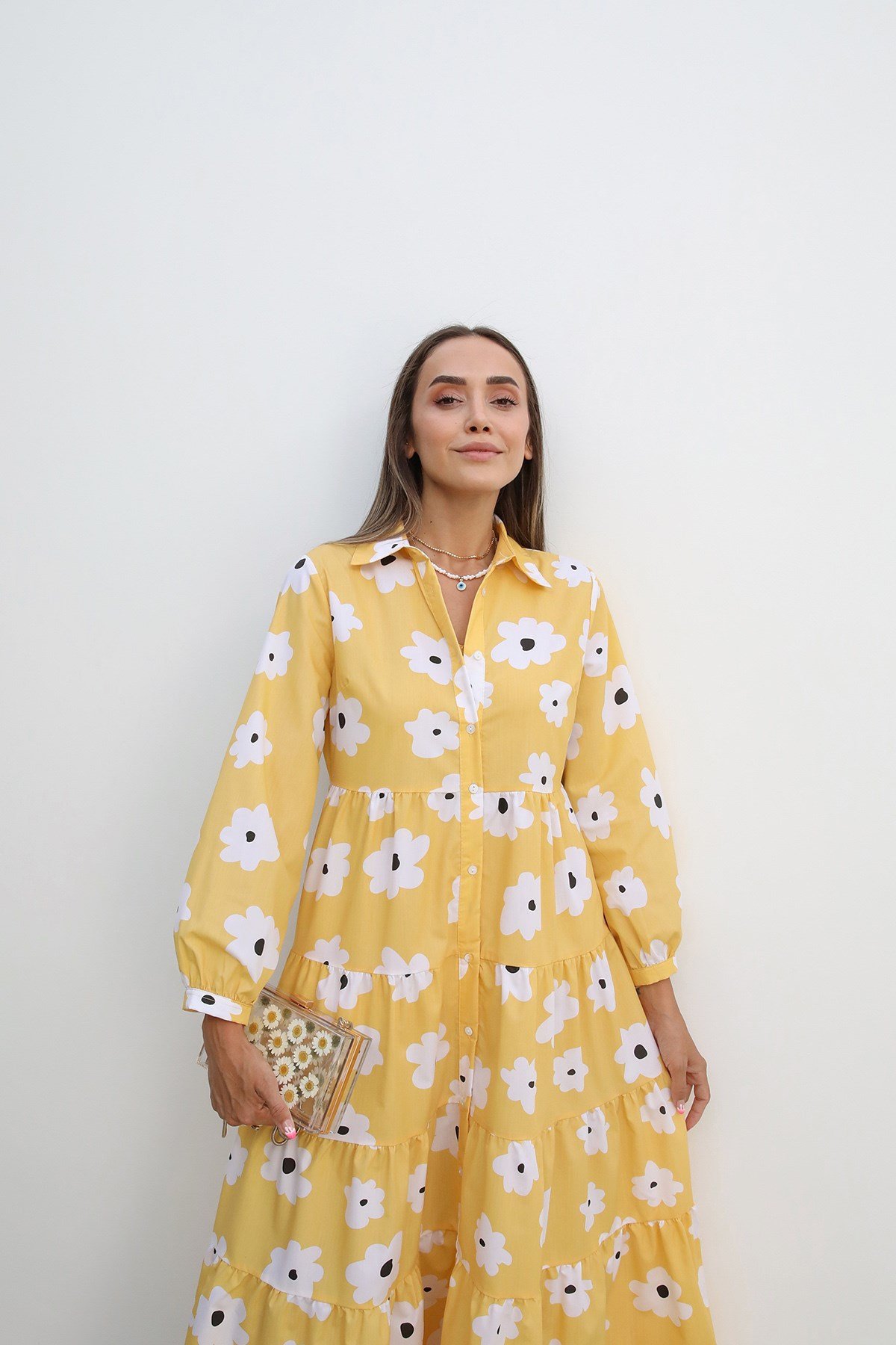Sarı Papatya Desenli Elbise