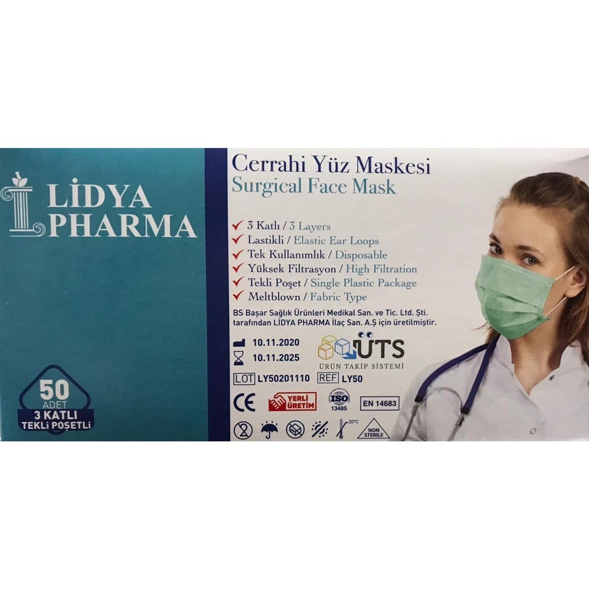 LIDYA PHARMA 3 Katlı Tekli Poşetlenmiş YESIL Cerrahi Maske Telli 50'li |  Farma Ucuz