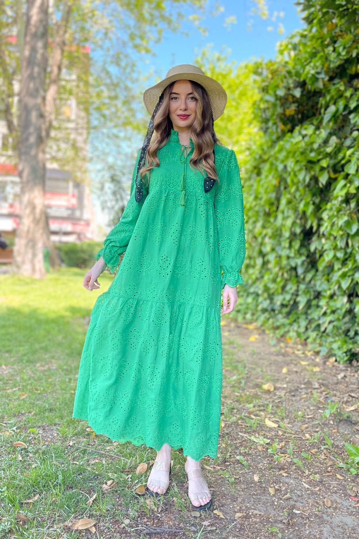 For Angels | Yeşil Yakası Bağcıklı Uzun Kollu Fisto Elbise