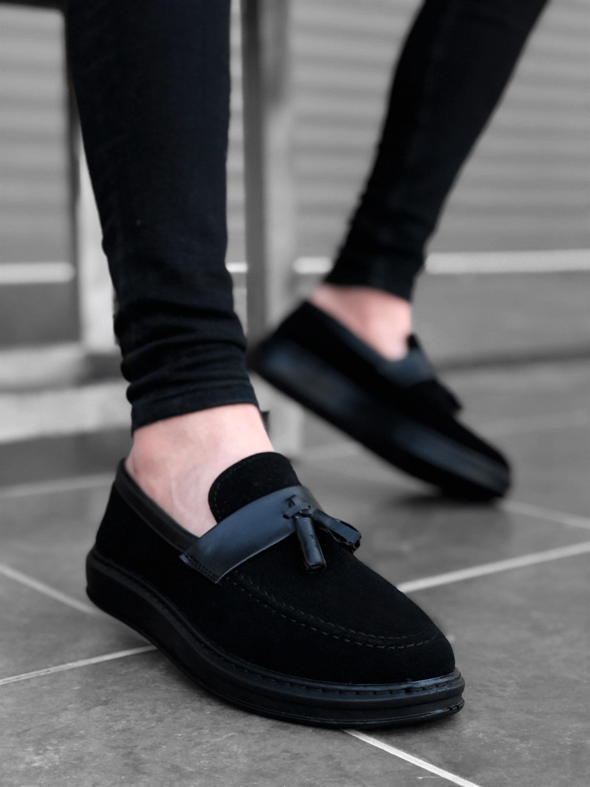 BA0005 Bağcıksız Yüksek Taban Siyah Kemerli Klasik Püsküllü Corcik Erkek  Ayakkabı