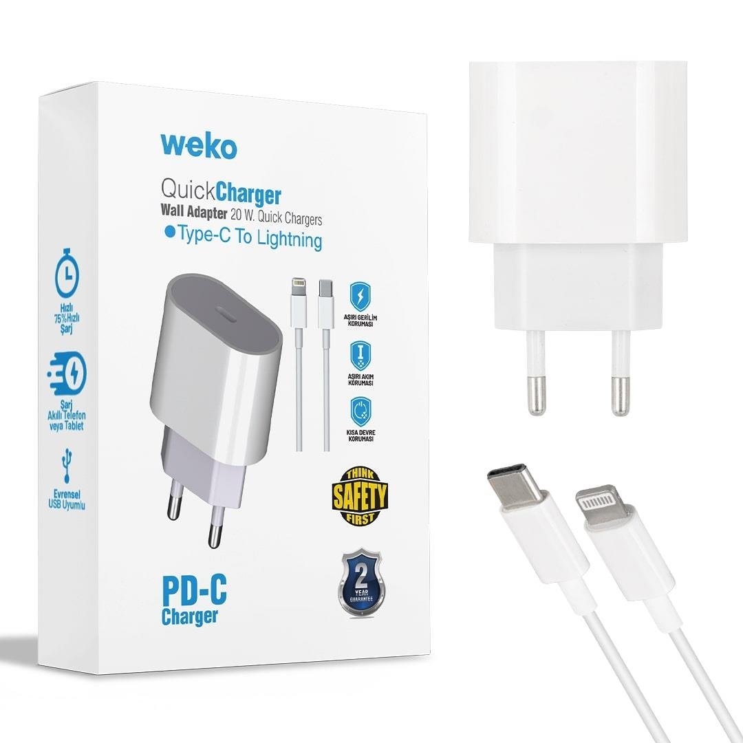 Şarj Adaptörü + Type-C Lightning Kablo - Weko WK-21443 20W PD-C