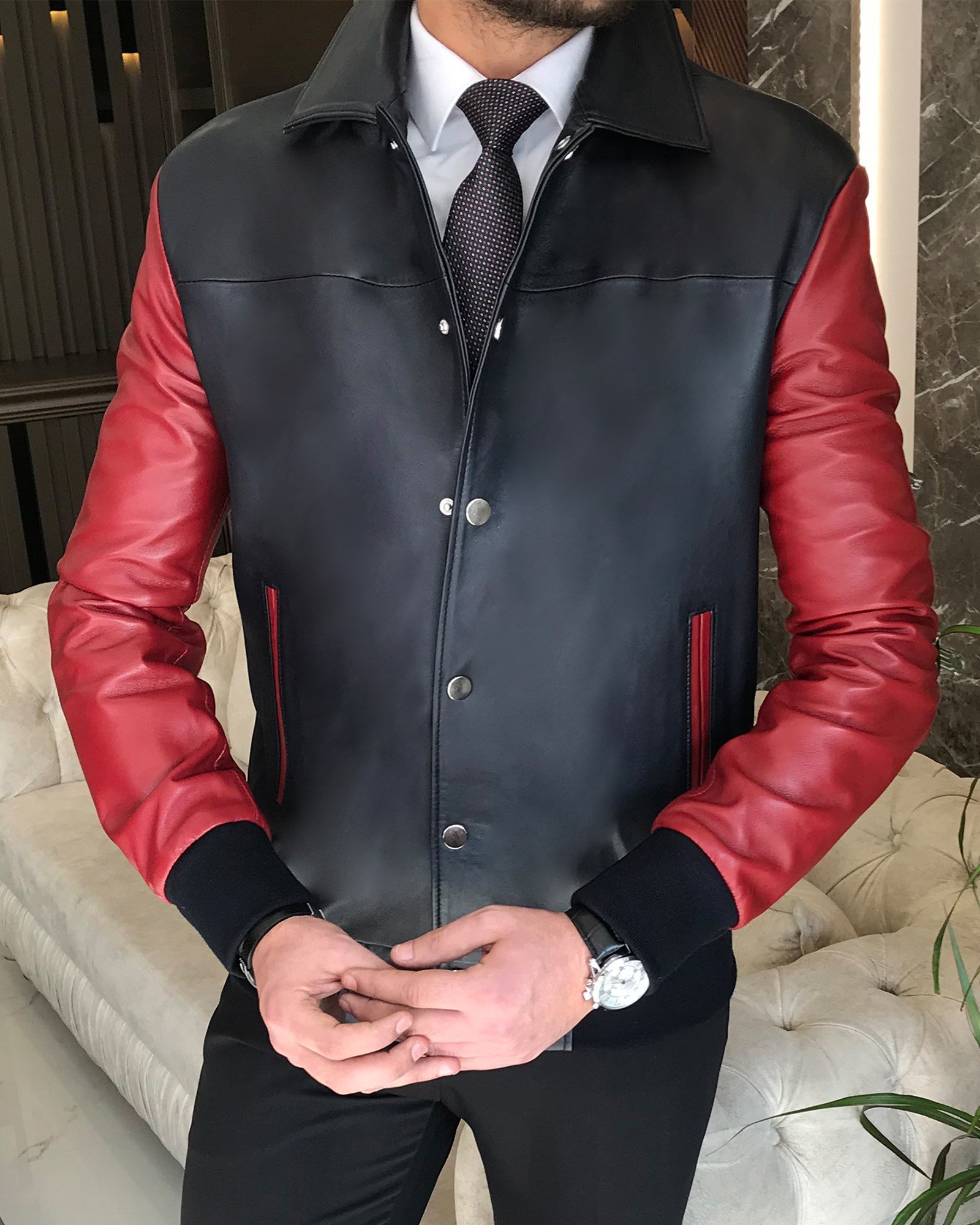 ジャケット・アウター POSTELEGANT Lamb Leather Cardigan 100% original lamb leather college coat jacket Navy Blue T8478
