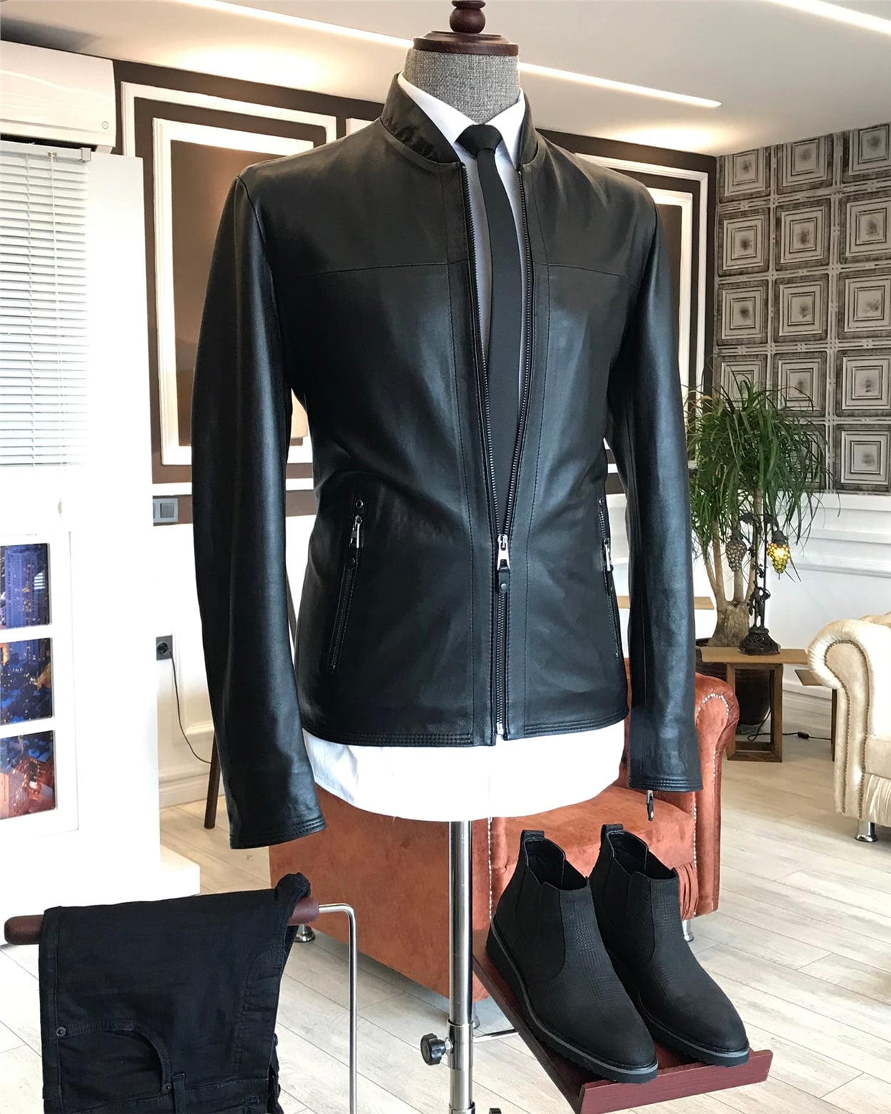 100% original lamb leather coat jacket black T4314