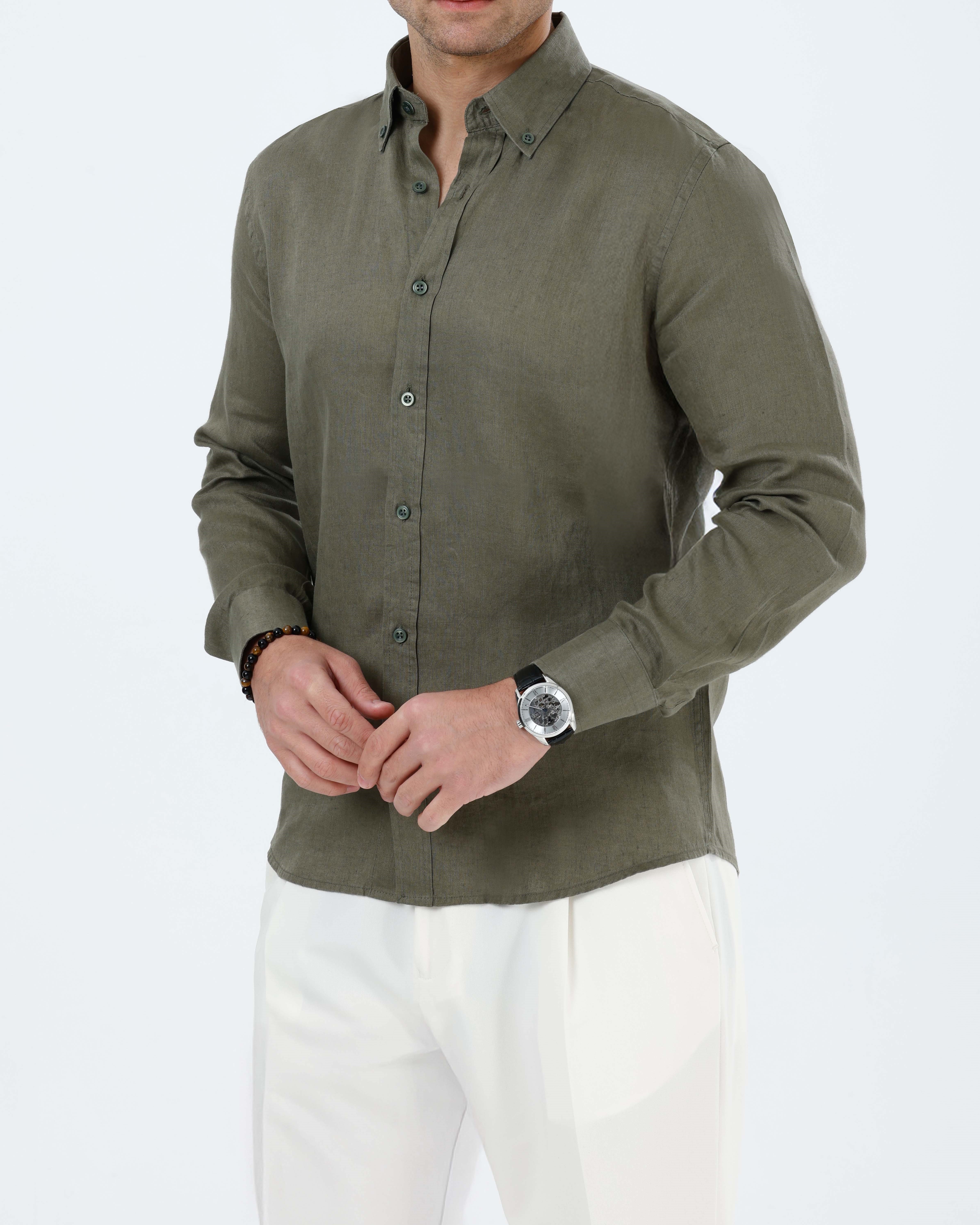 İtalyan stil slim fit erkek dik yaka keten gömlek haki T20057-06