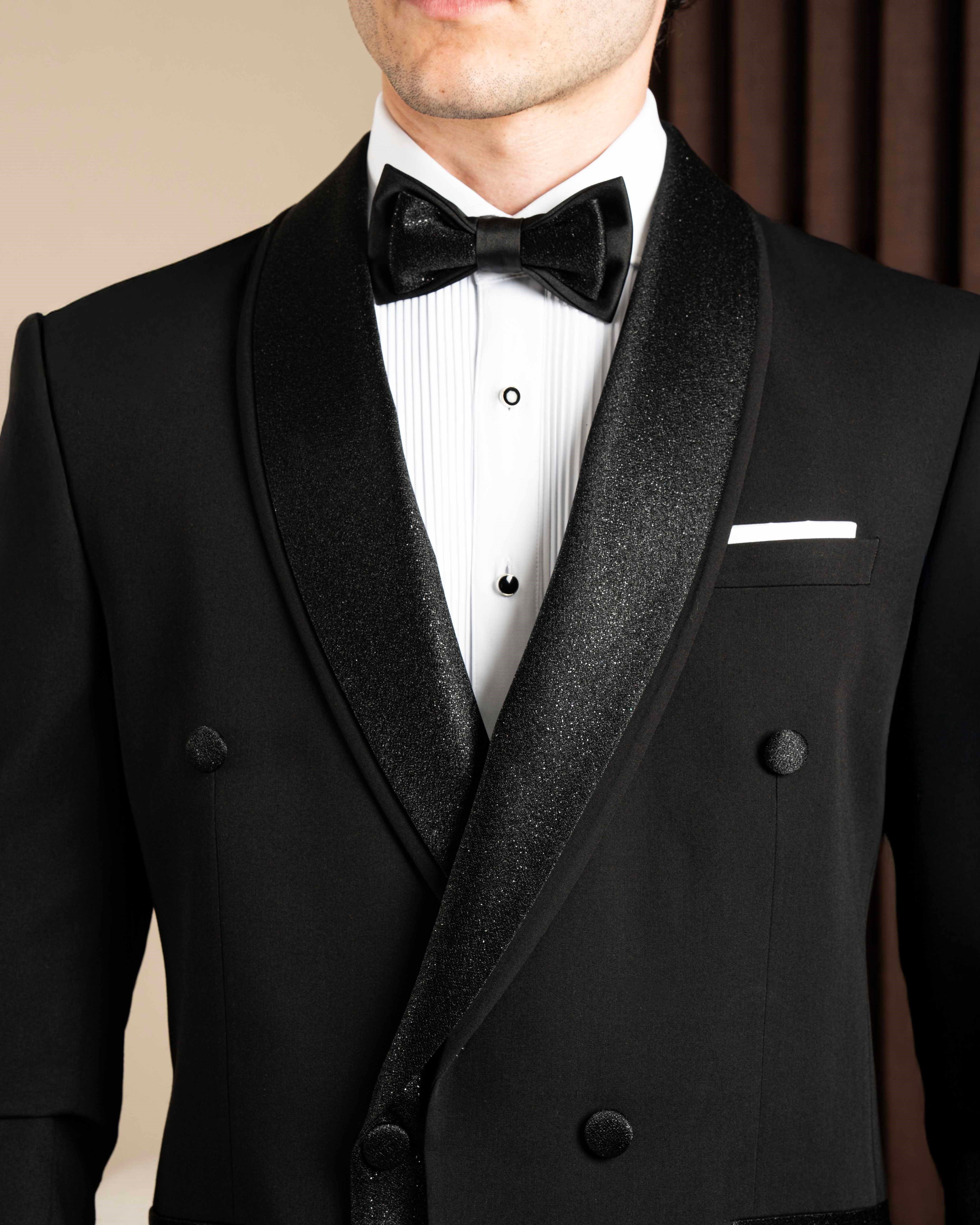 Slim fit şal yaka kruvaze ceket pantolon damatlık set siyah T20074-01