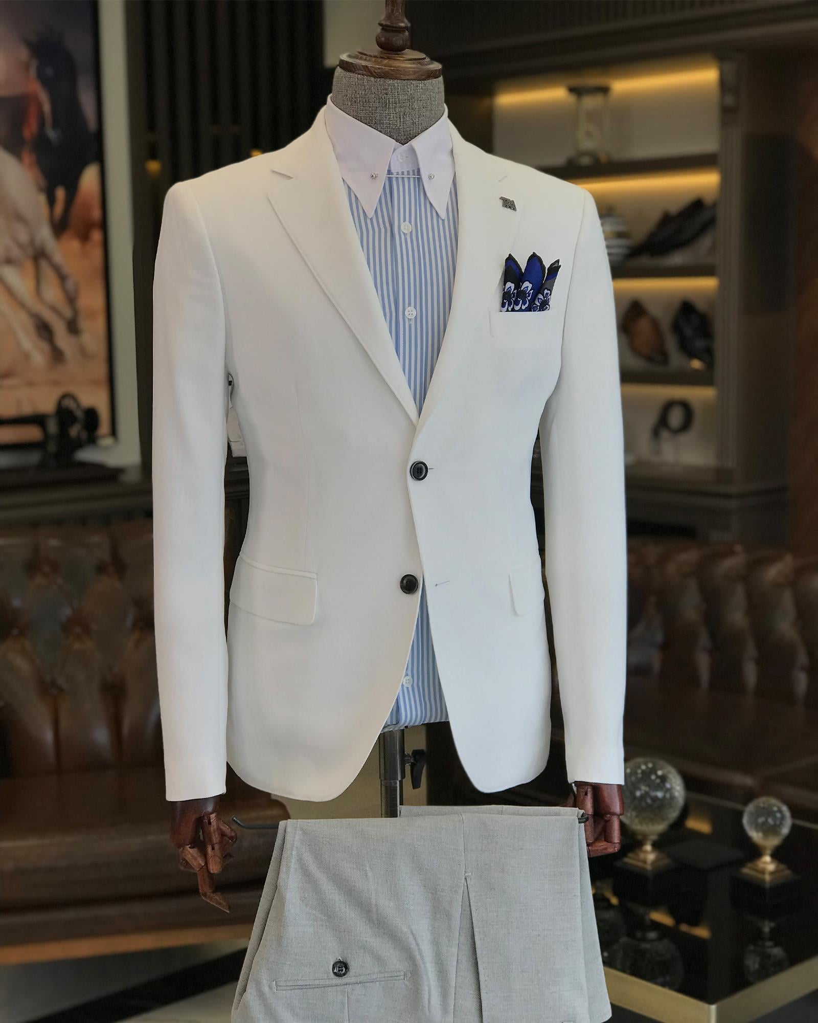 İtalyan stil erkek slim fit mono yaka pamuk karışımlı ceket Beyaz