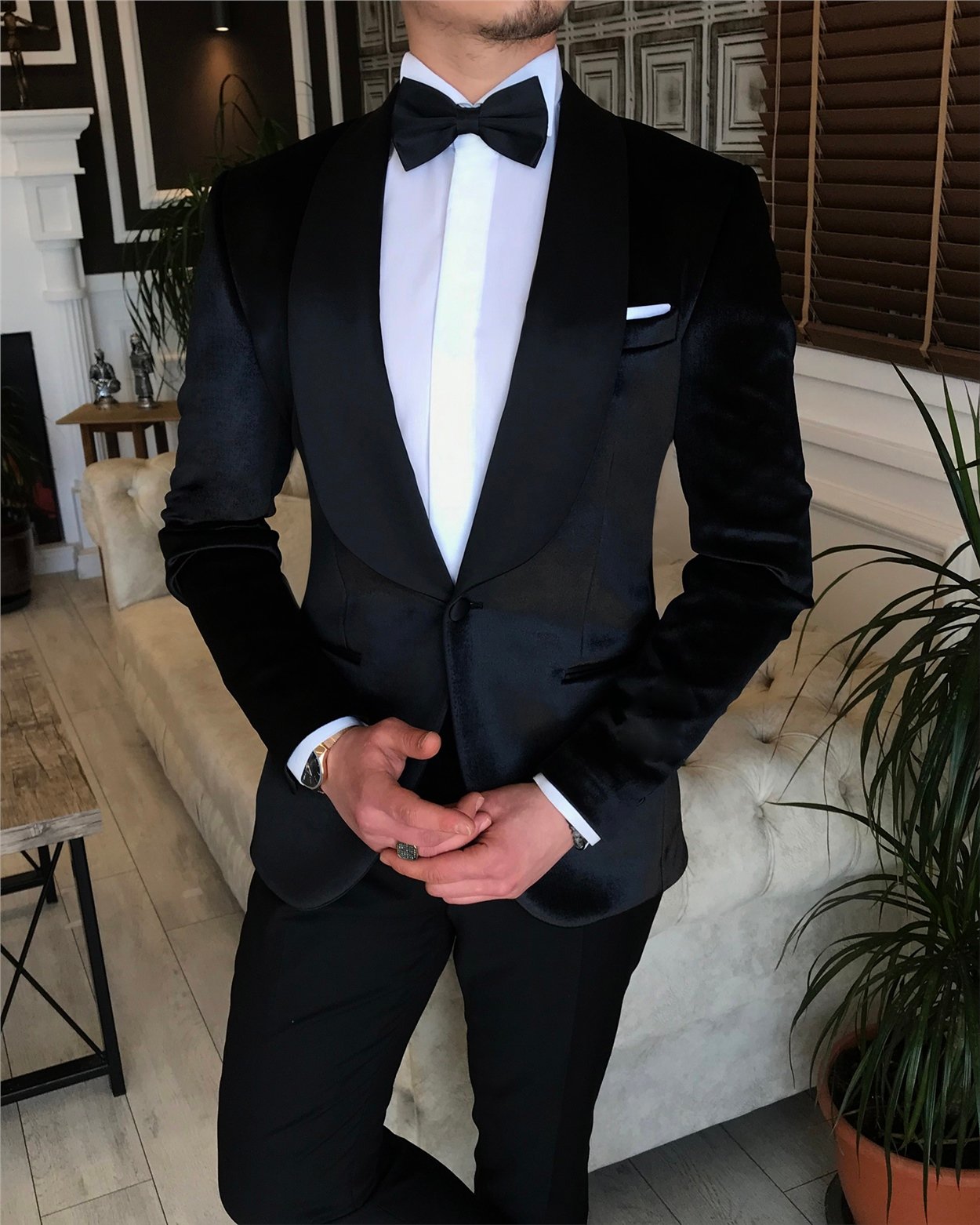 İtalyan kesim erkek damatlık siyah şal yaka takım elbise T5906