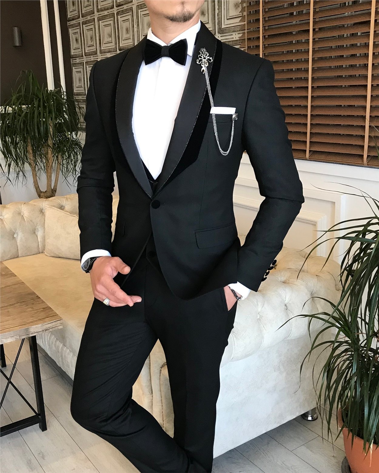 Italian Style Men's Groom Suits Black T6012