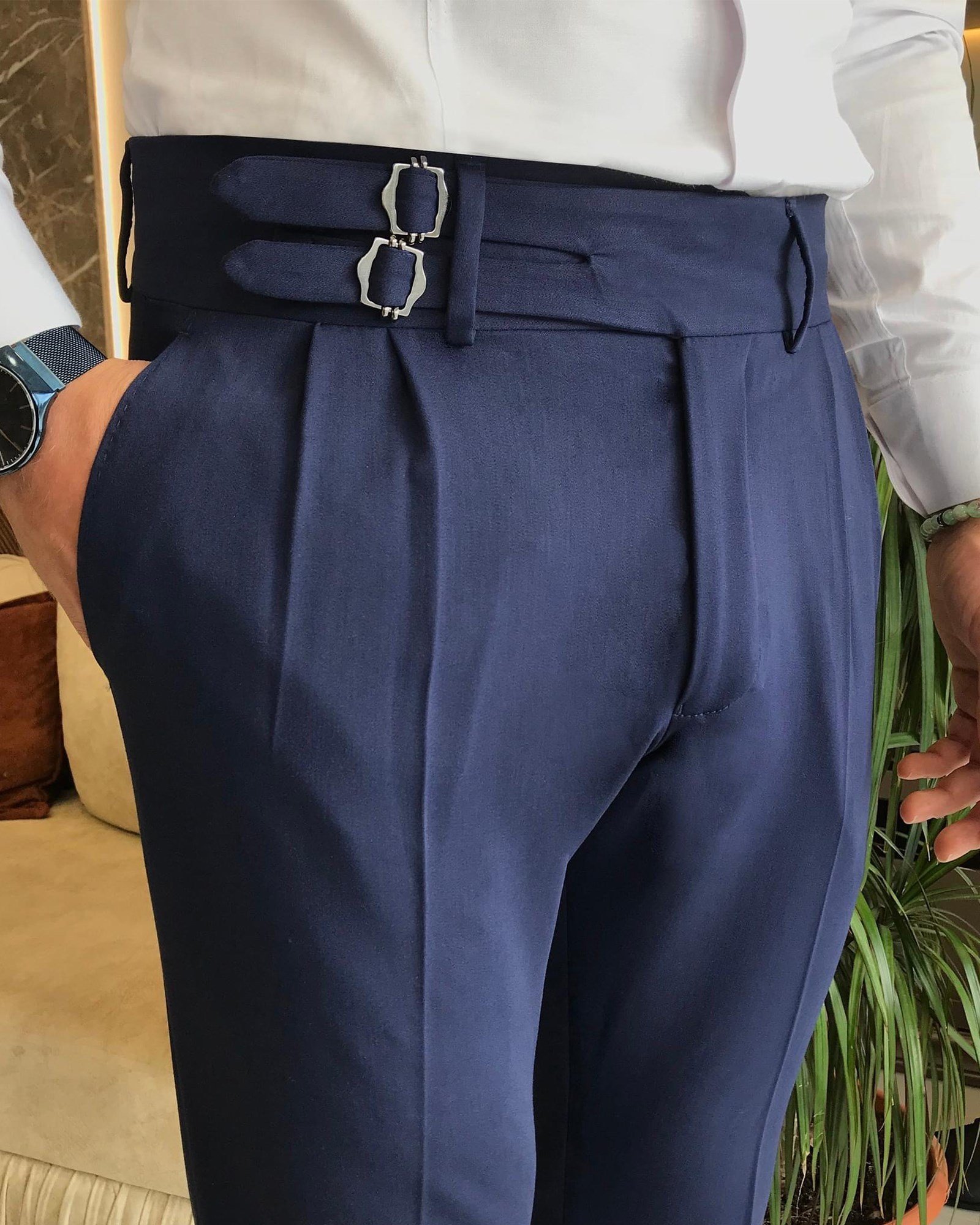İtalyan kesim kemerli pileli erkek kumaş pantolon Lacivert T5822