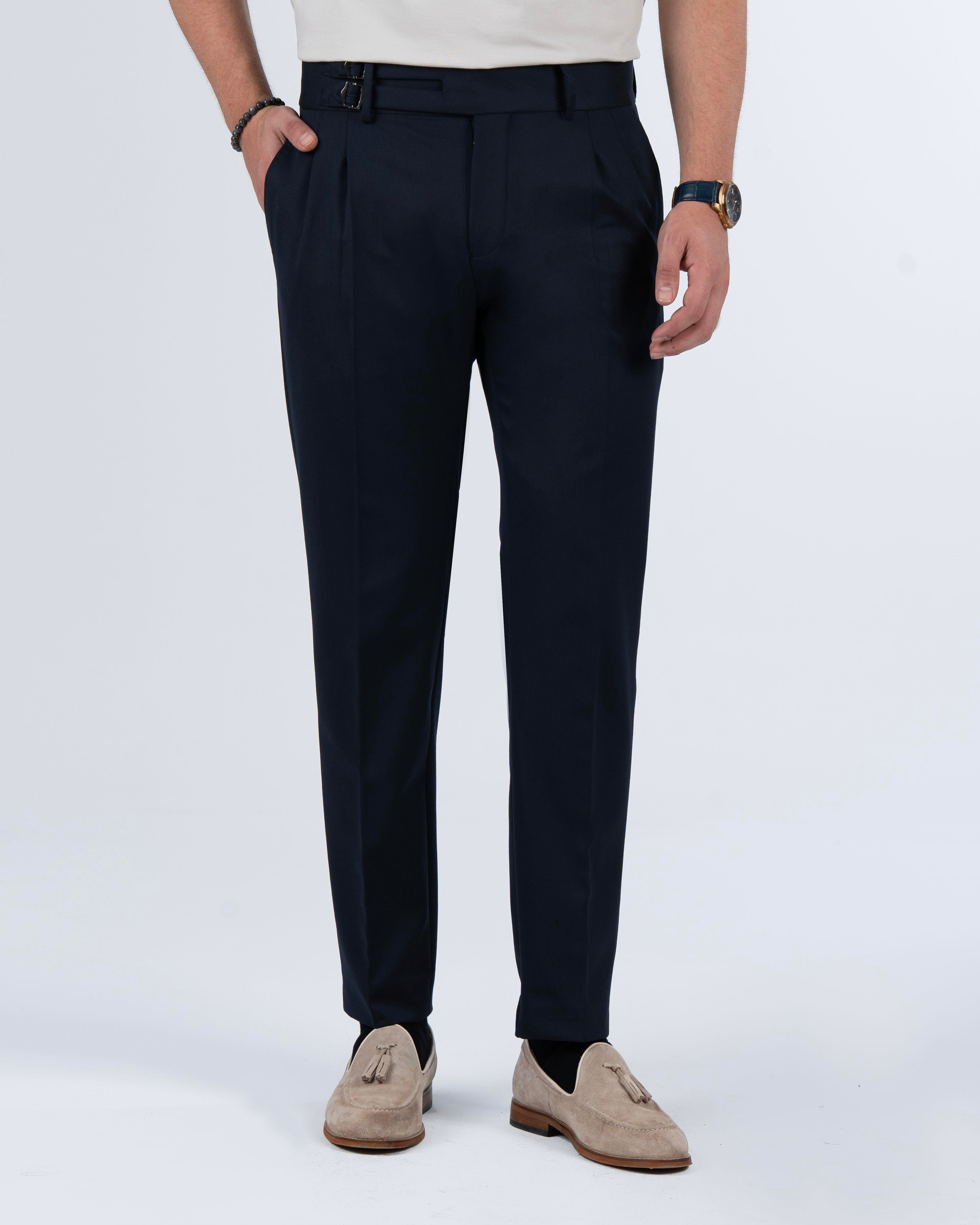 papier Prime line pants /navy×blue Italian cut belted pleated navy blue fabric trousers T10801