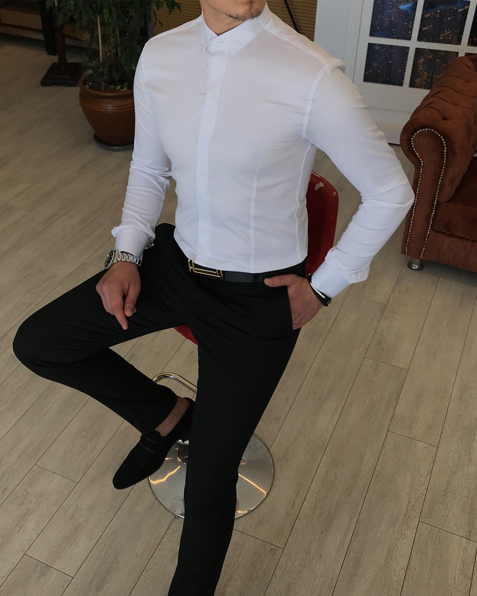 Italian cut slim fit men's small collar shirt White T4800