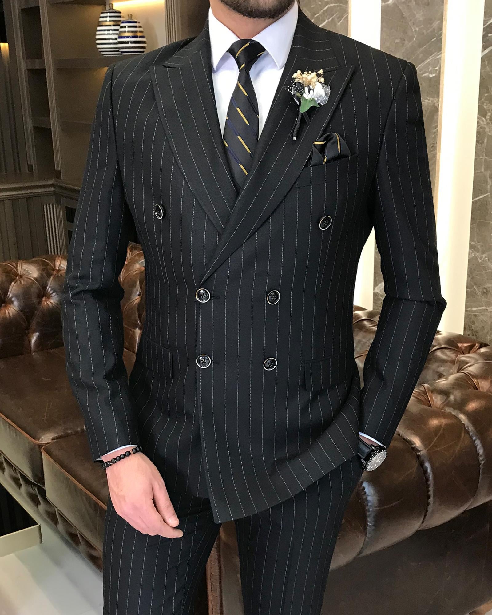 Italian style striped double breasted jacket trouser suit black T9070