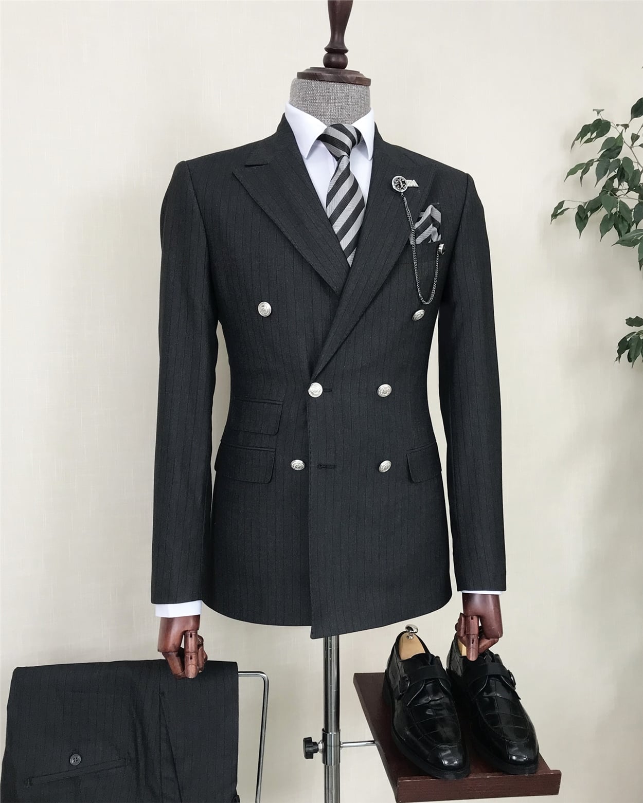 Italian style striped double breasted jacket trouser suit