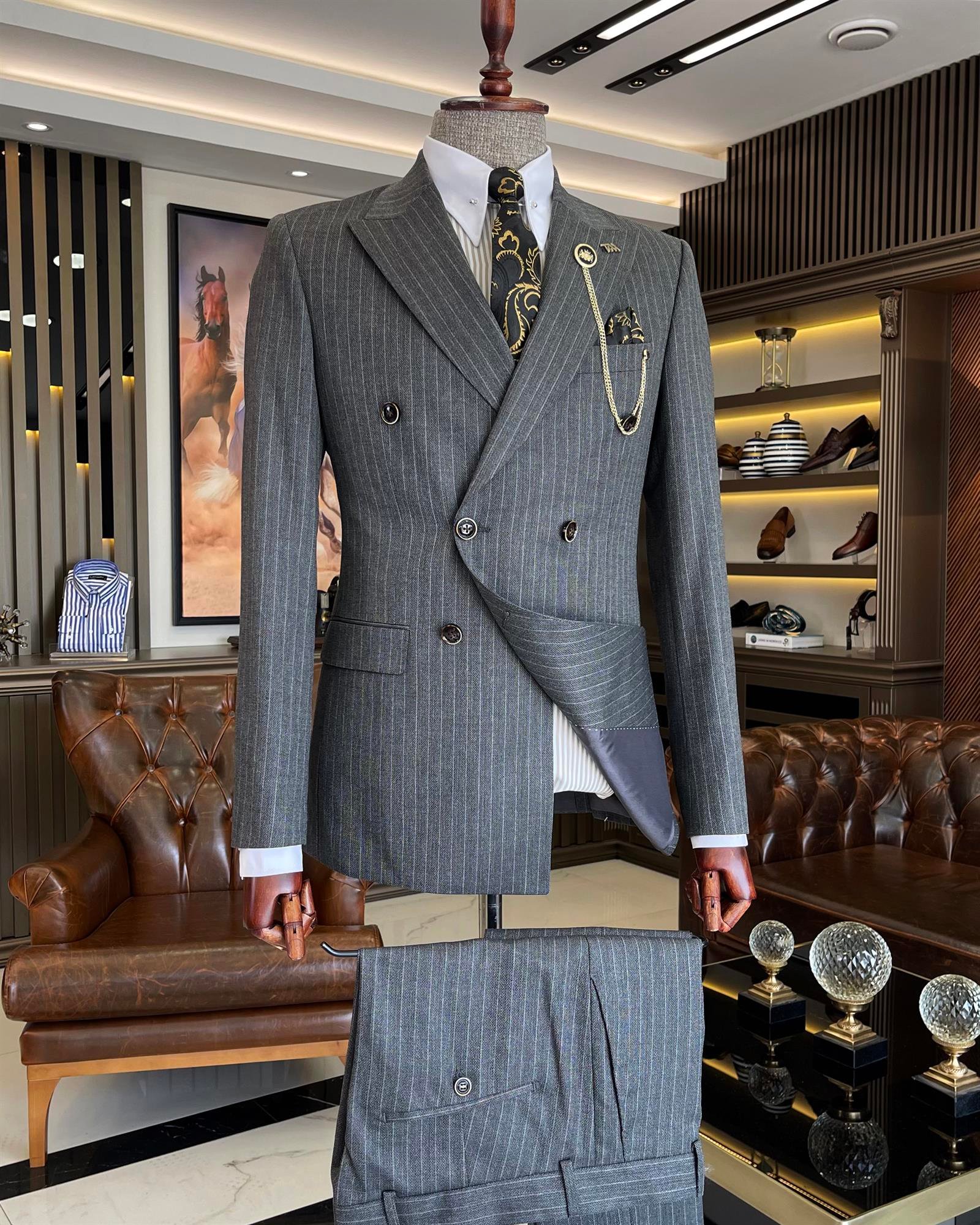 Italian style striped double breasted jacket trouser suit Gray T9062