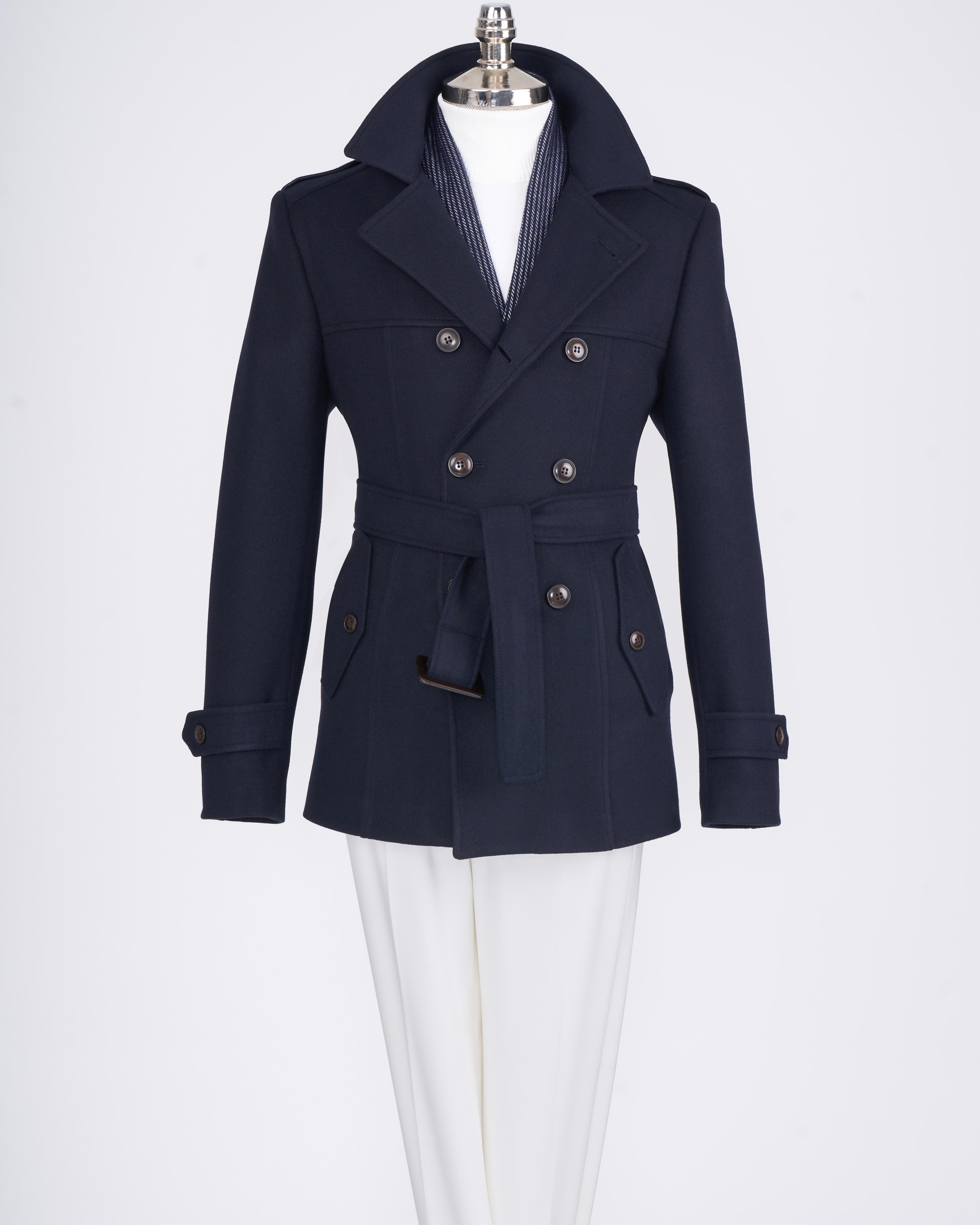 Italian style men's short cashmere trench coat jacket Navy Blue T4391