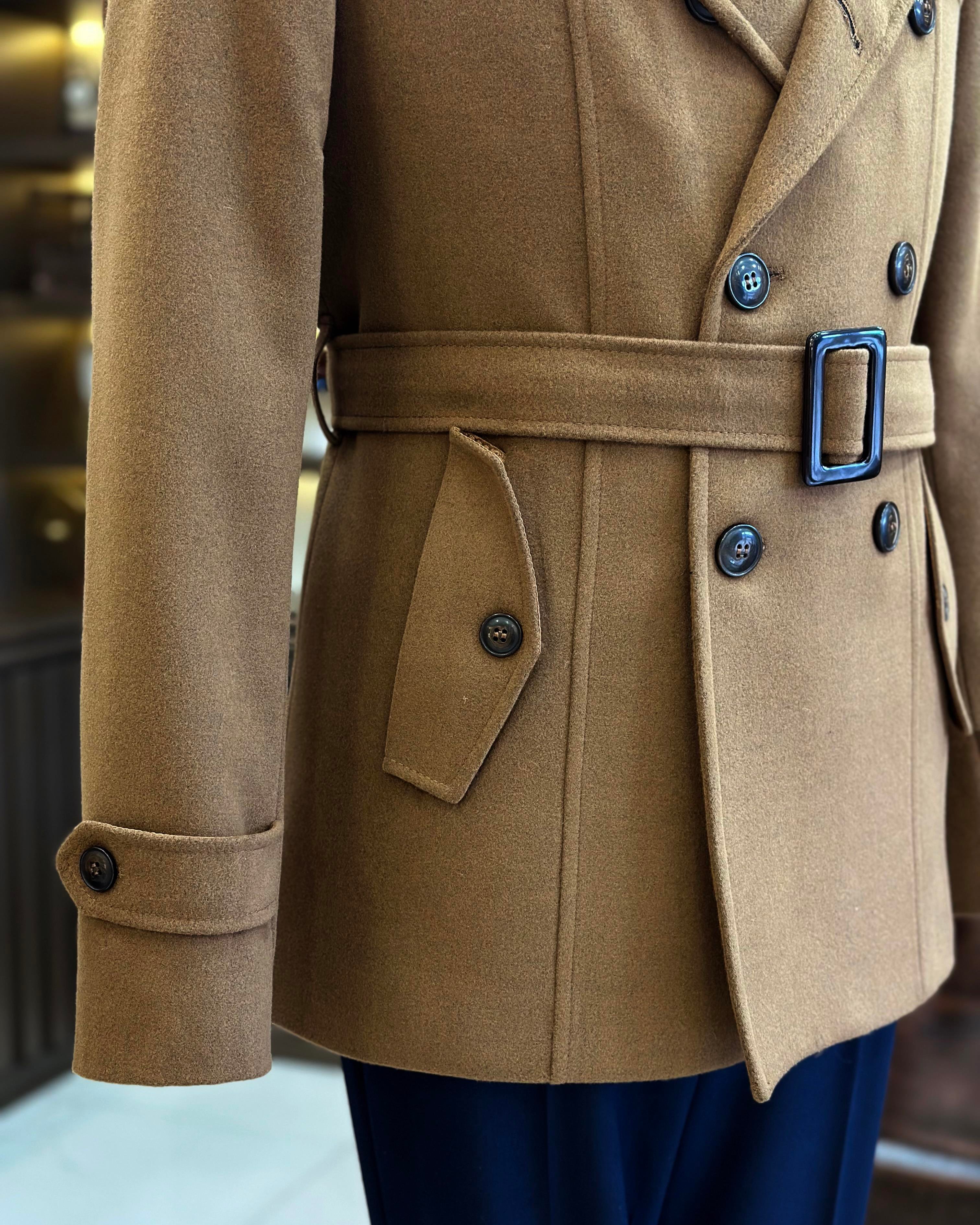 Italian style men's short cashmere trench coat jacket brown T10075