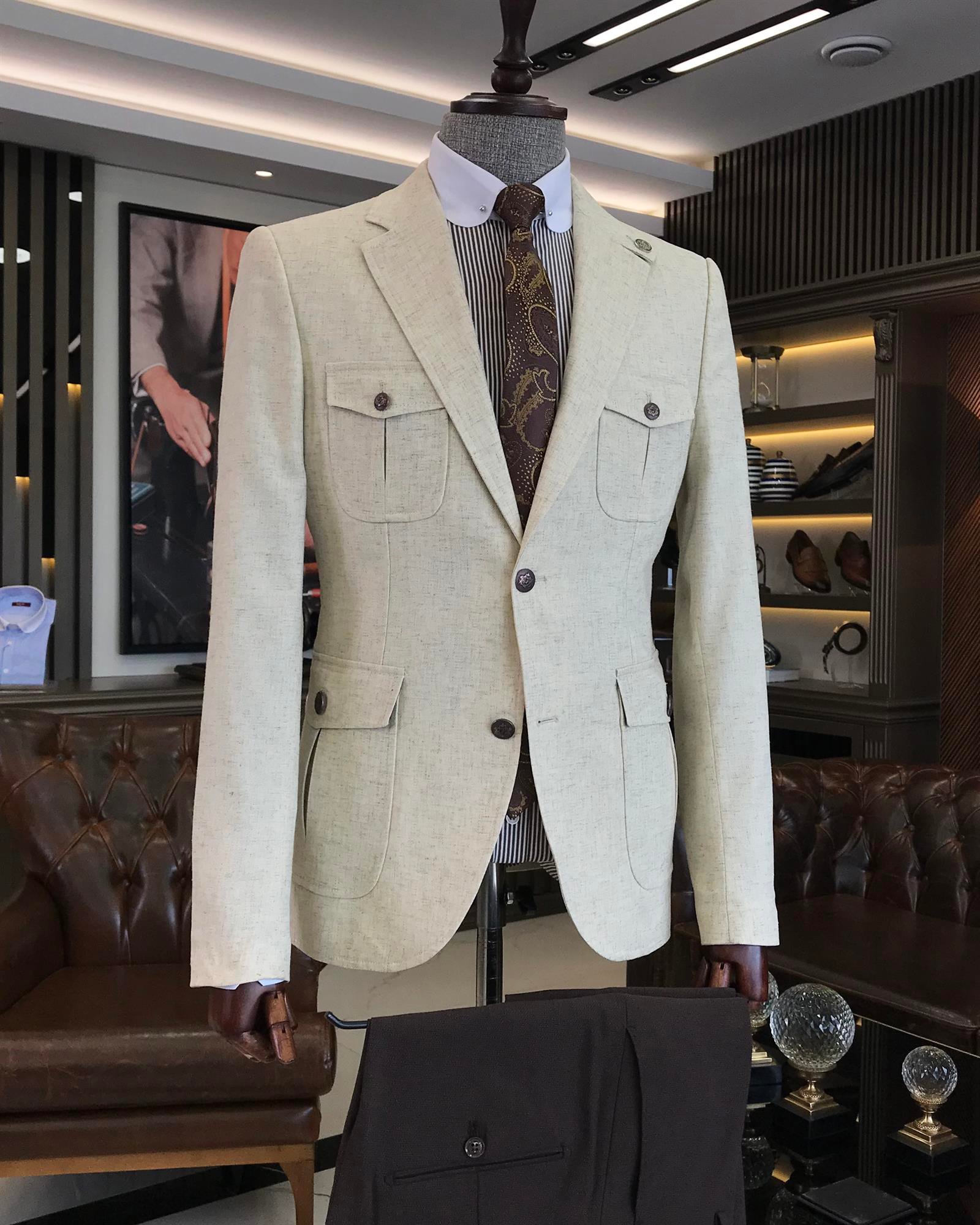TerziAdemAltun İtalyan stil erkek slim fit keten karışımlı safari