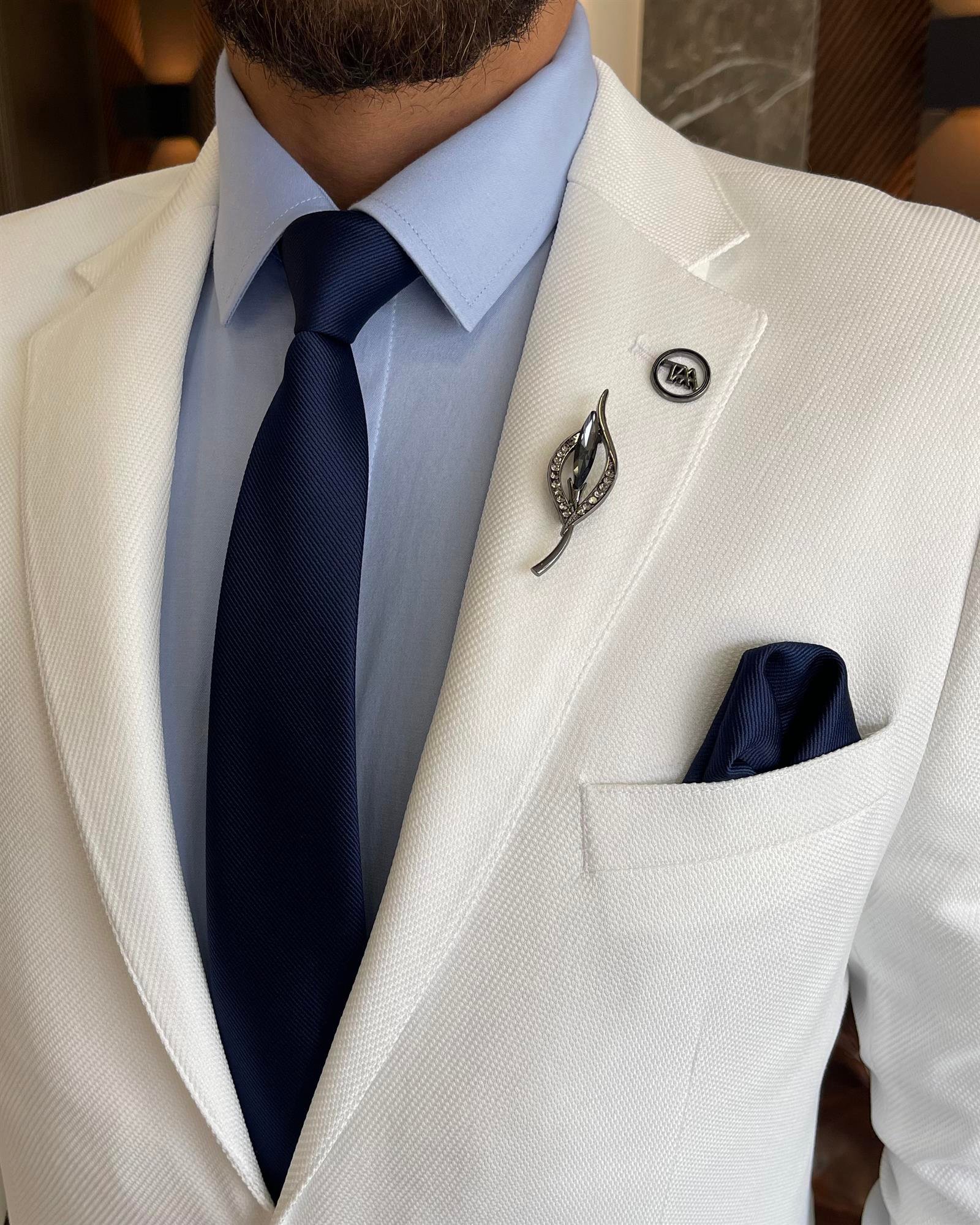 İtalyan stil erkek slim fit mono yaka pamuk karışımlı ceket Beyaz
