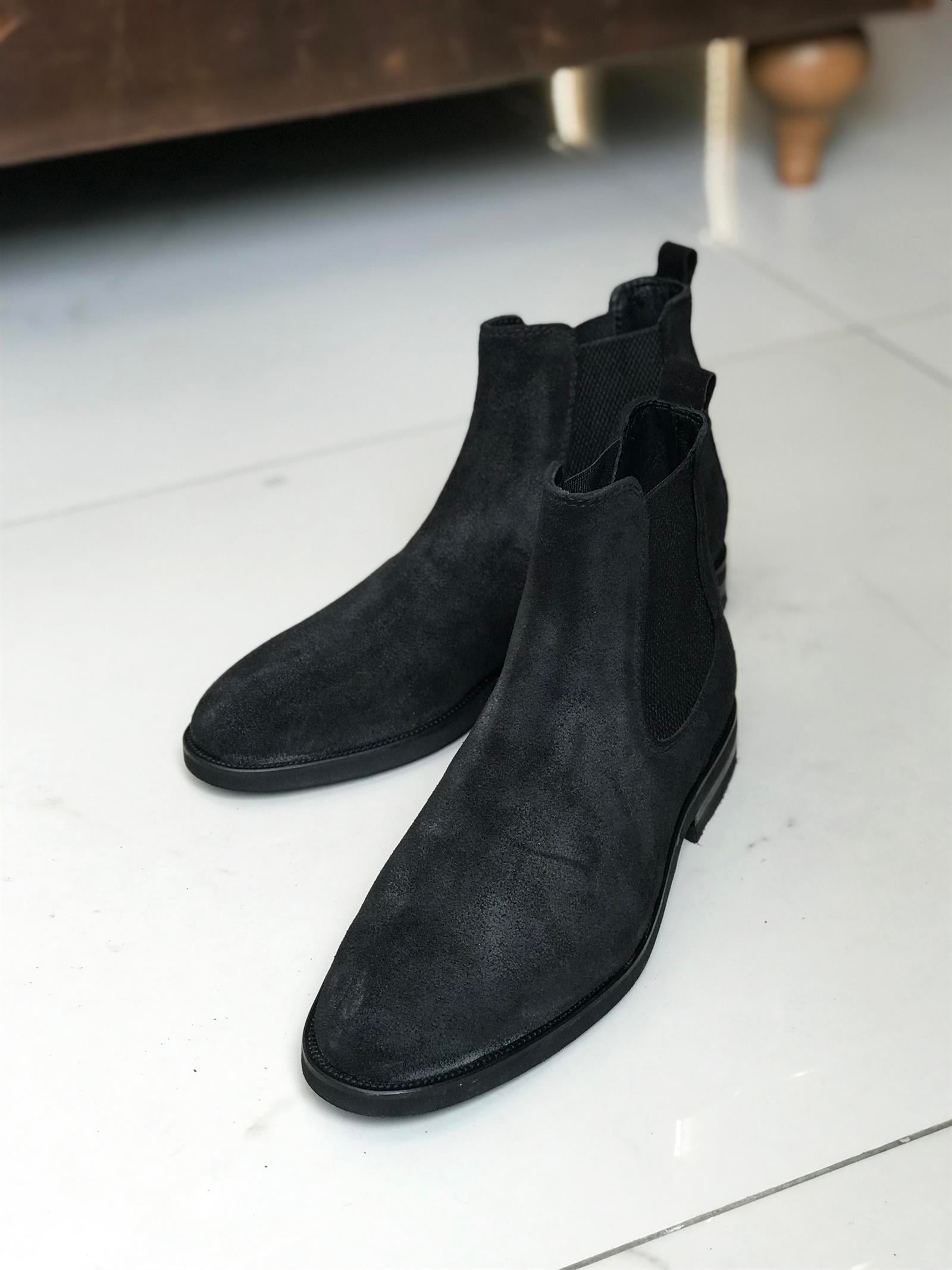 Italian style inner outer natural suede leather men's boots Black