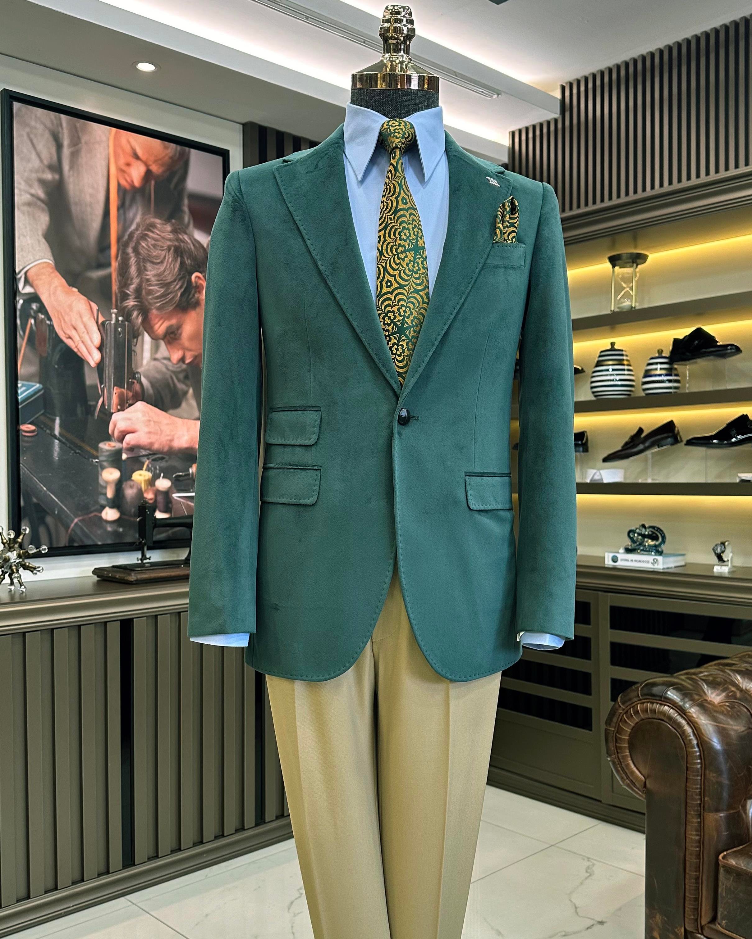 İtalyan stil kadife erkek tek ceket yeşil T11042