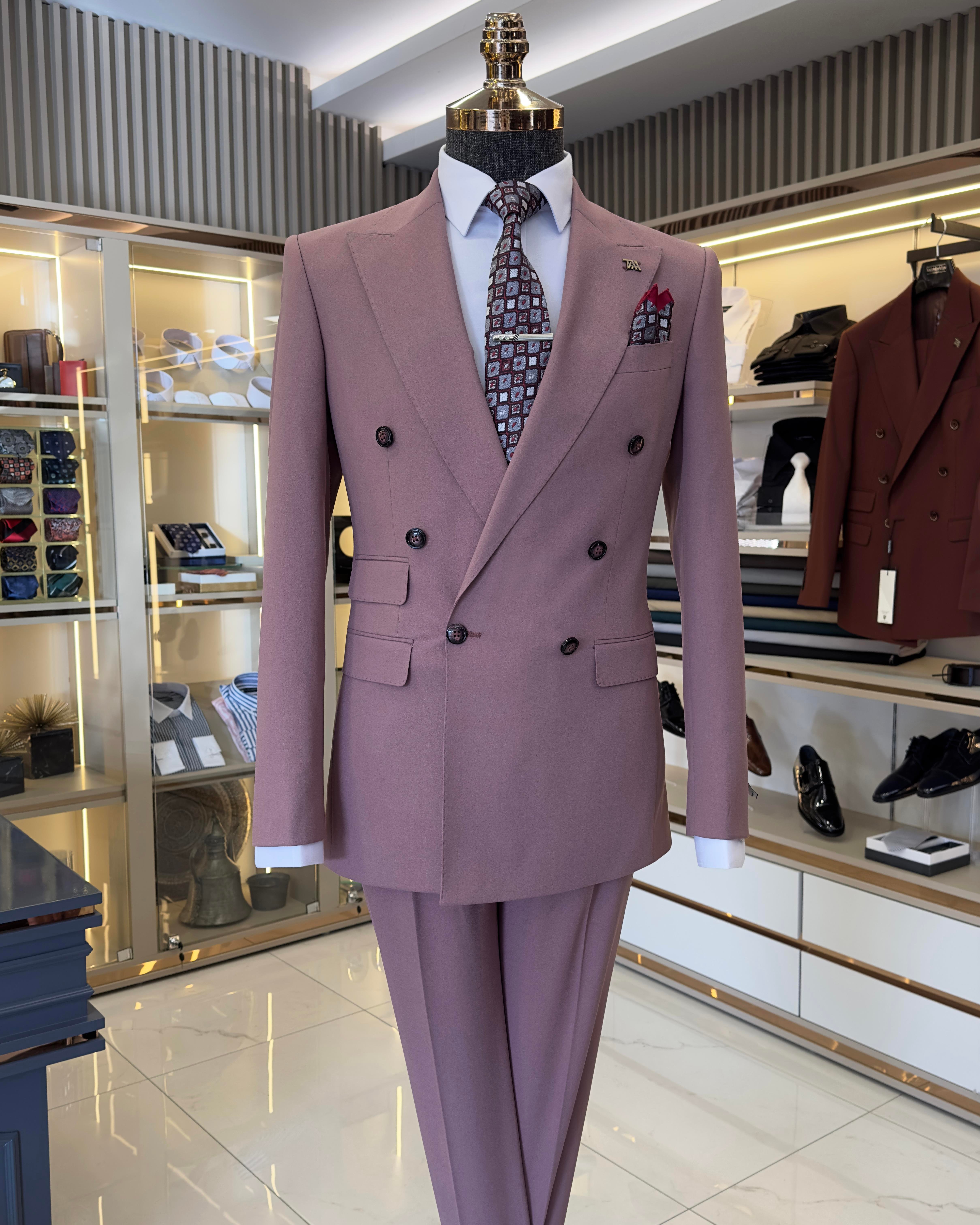İtalyan stil kruvaze ceket pantolon erkek takım elbise pembe T11091