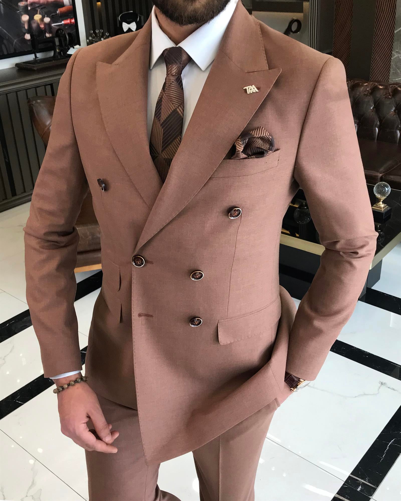 Italian style double breasted jacket trouser suit terracotta T9109