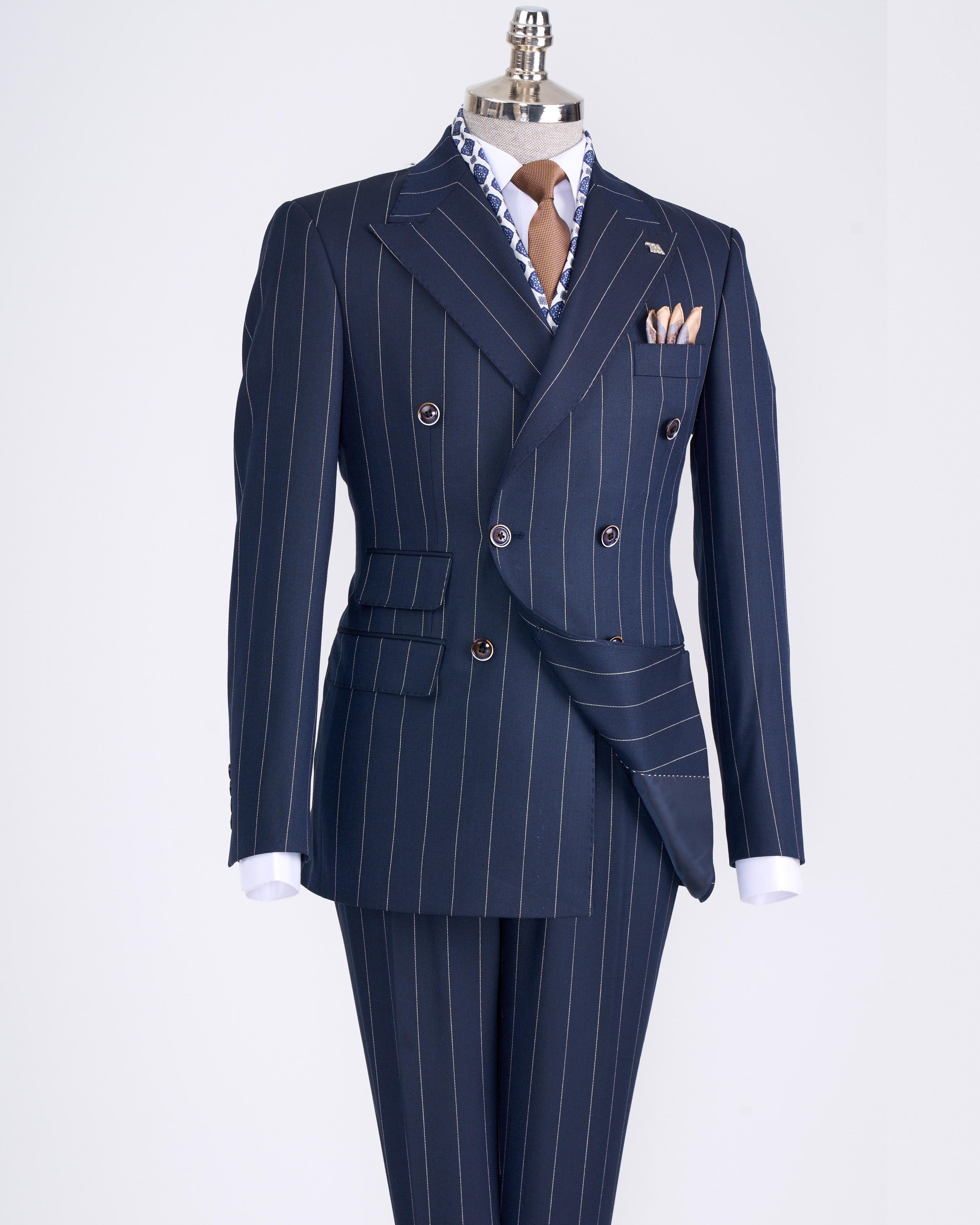 Italian style double breasted jacket trouser suit navy blue
