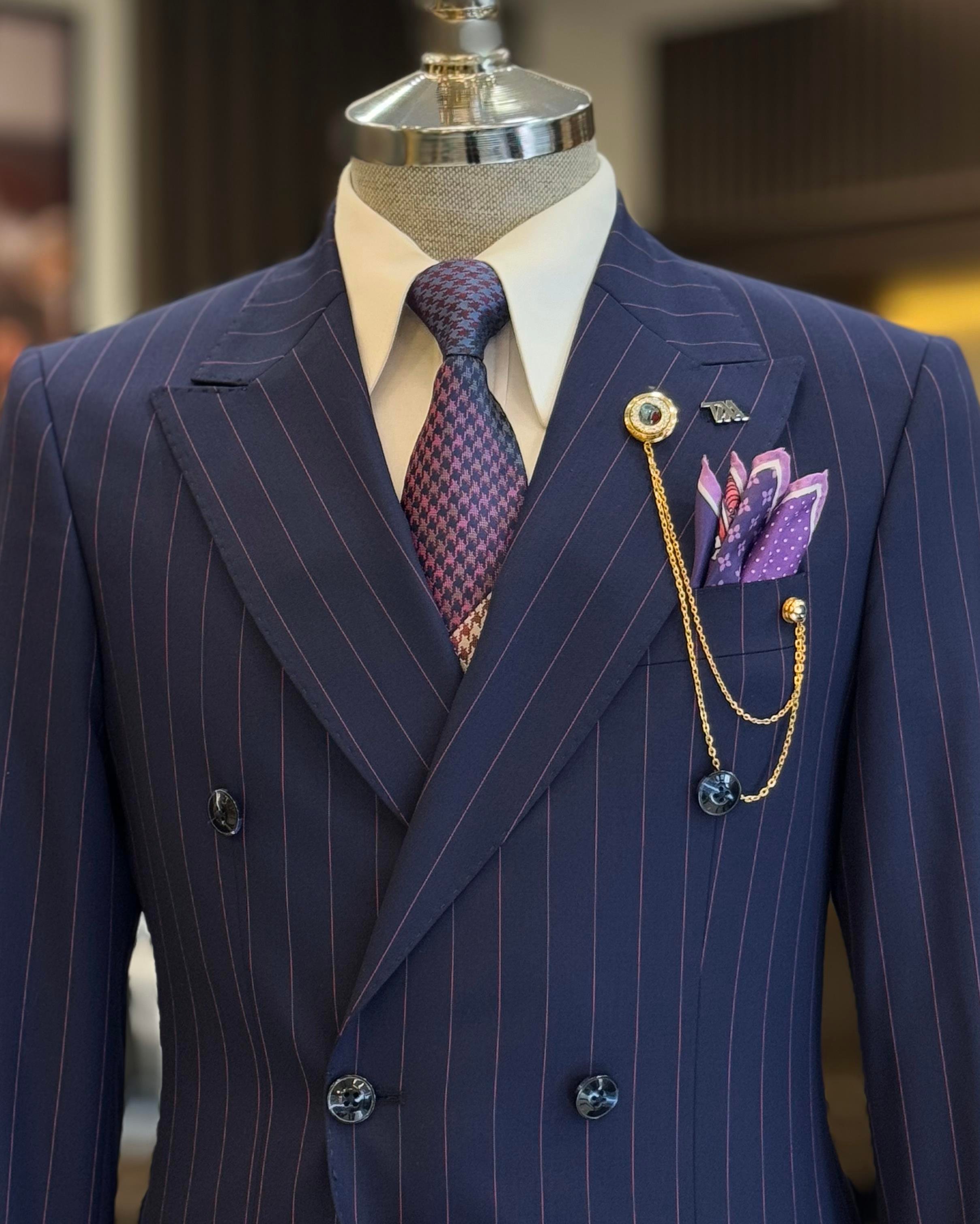 Italian style double-breasted striped jacket trouser suit navy