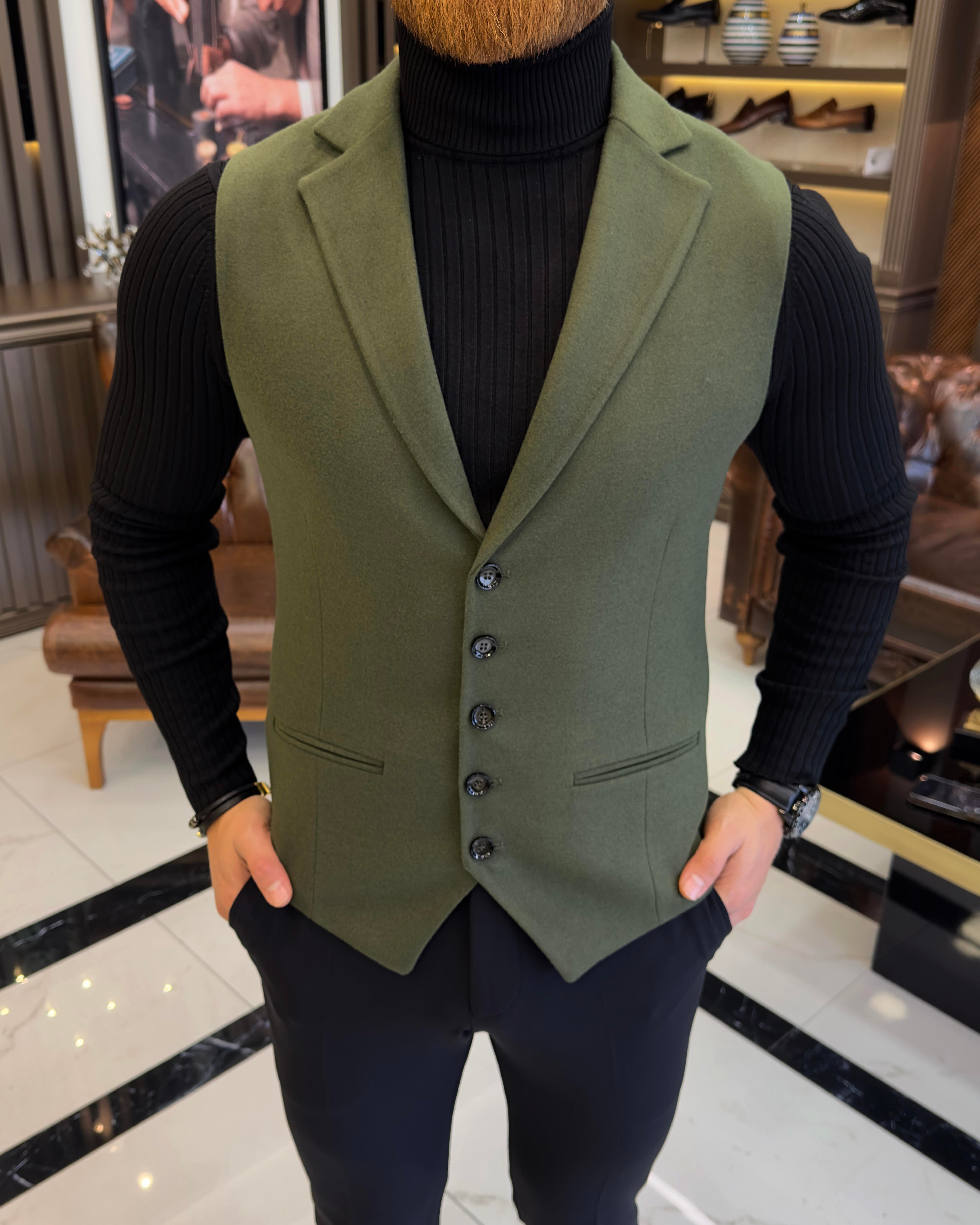 Italian Style Slim Fit Wool Mixed Judge Collar Waistcoat Camel T8337