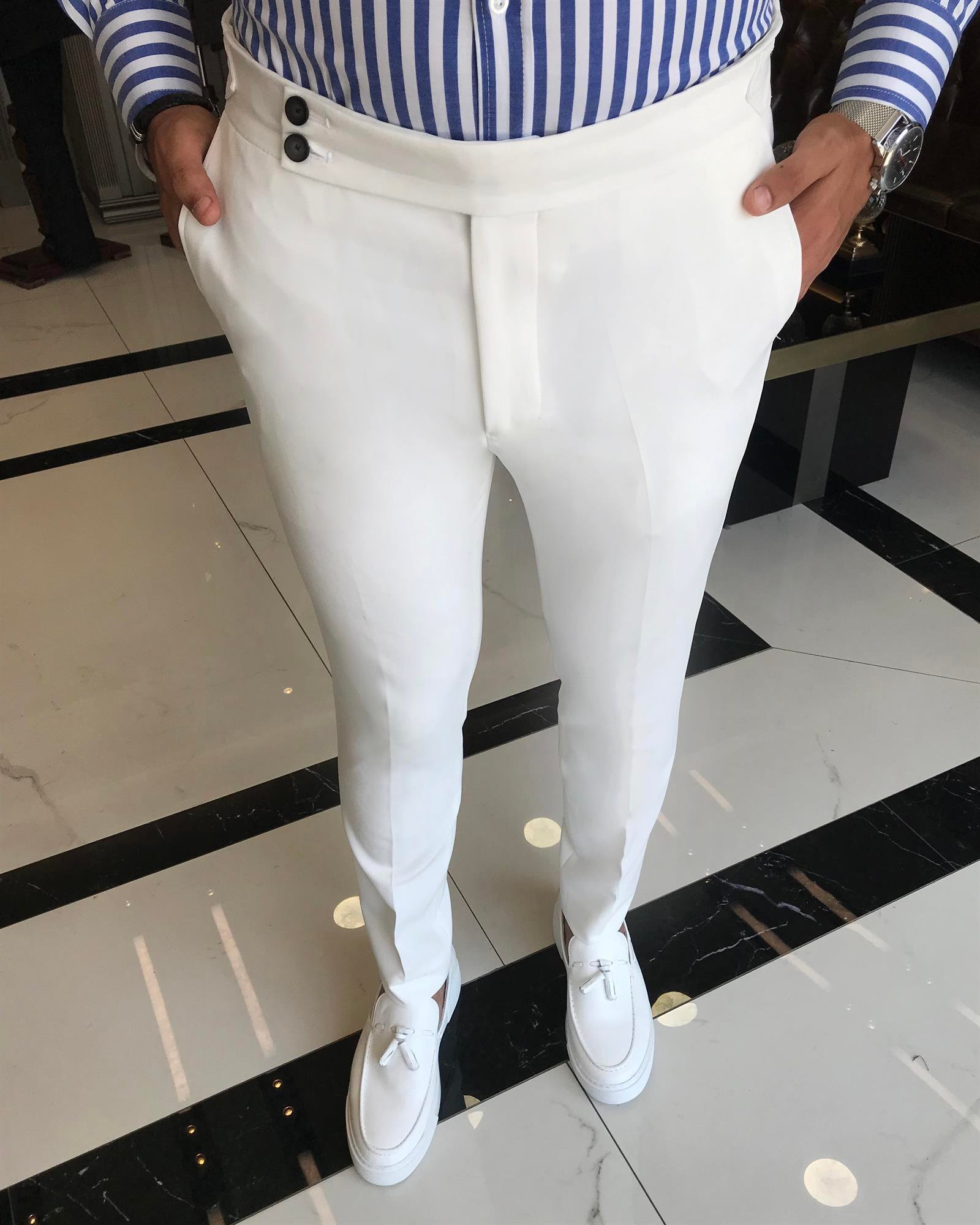 Italian style slim fit waist detailed men's trousers white T9767
