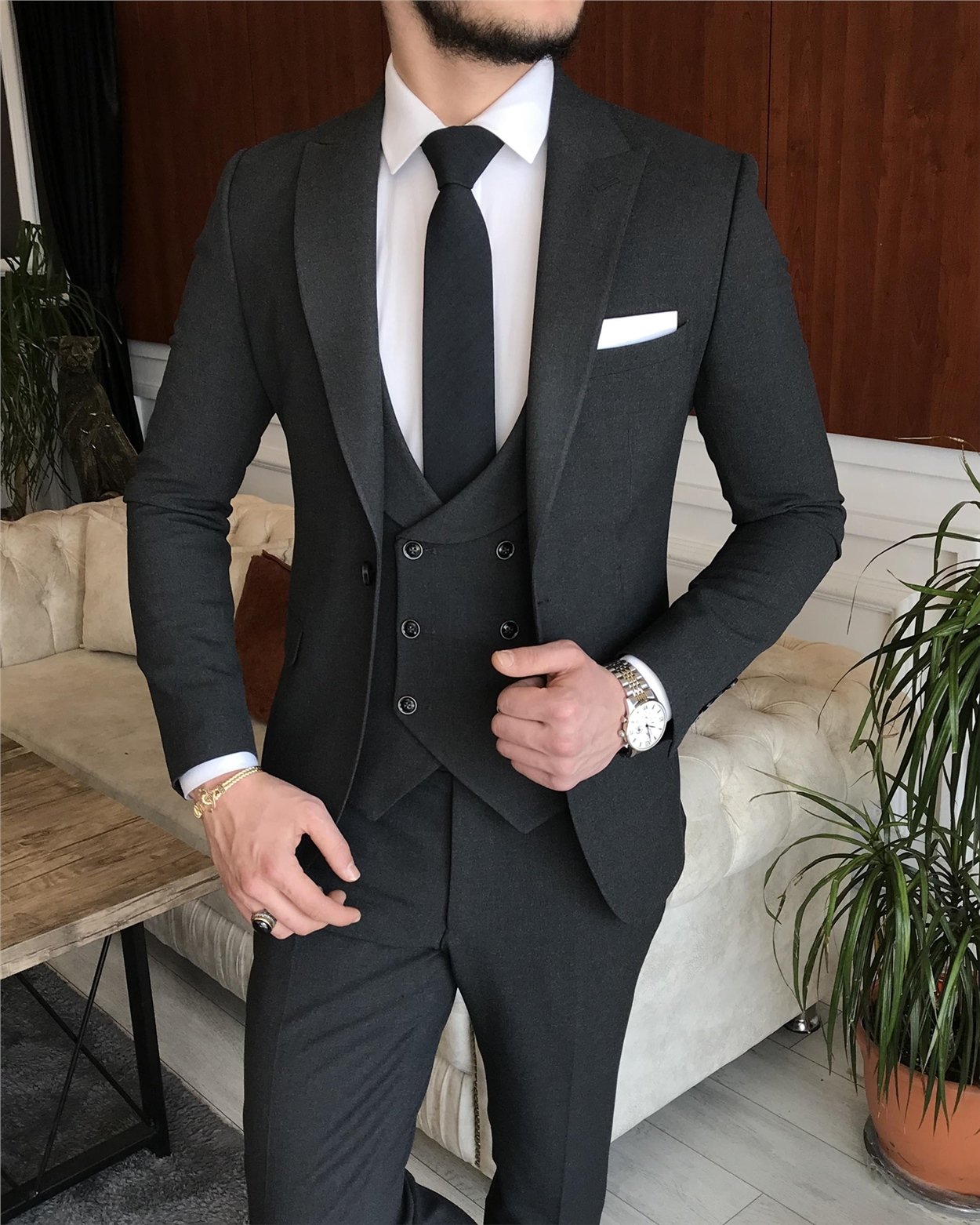 İtalyan stil slim fit ceket yelek pantolon gri takım elbise T3688