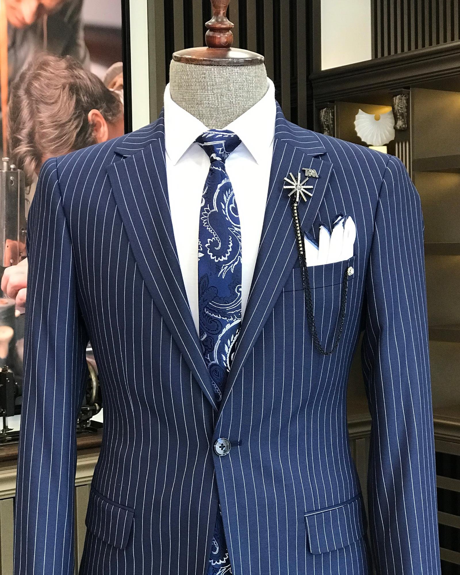 İtalyan stil slim fit çizgili erkek ceket pantolon takım elbise Lacivert  T4897