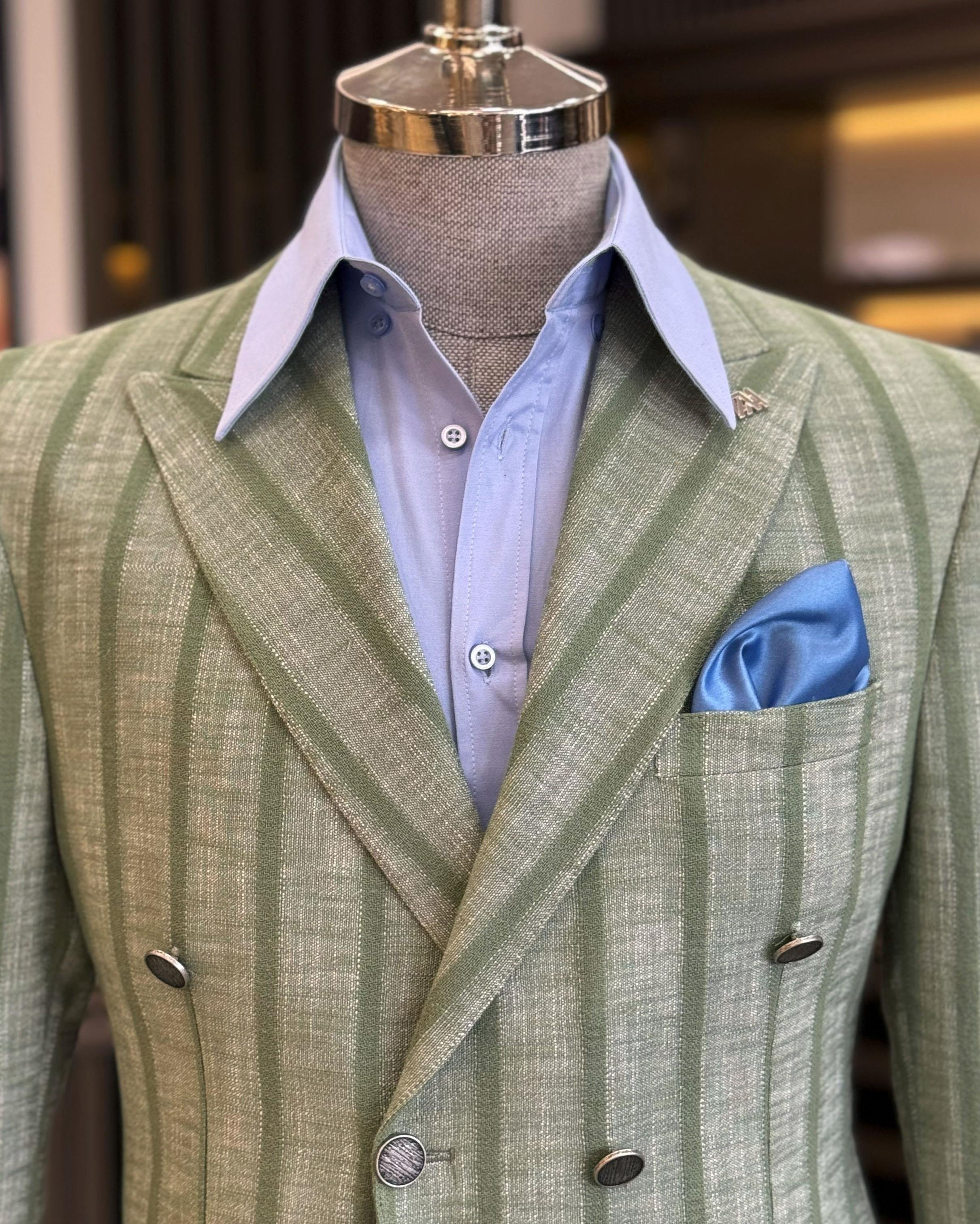 Italian style slim fit striped double breasted men's jacket green