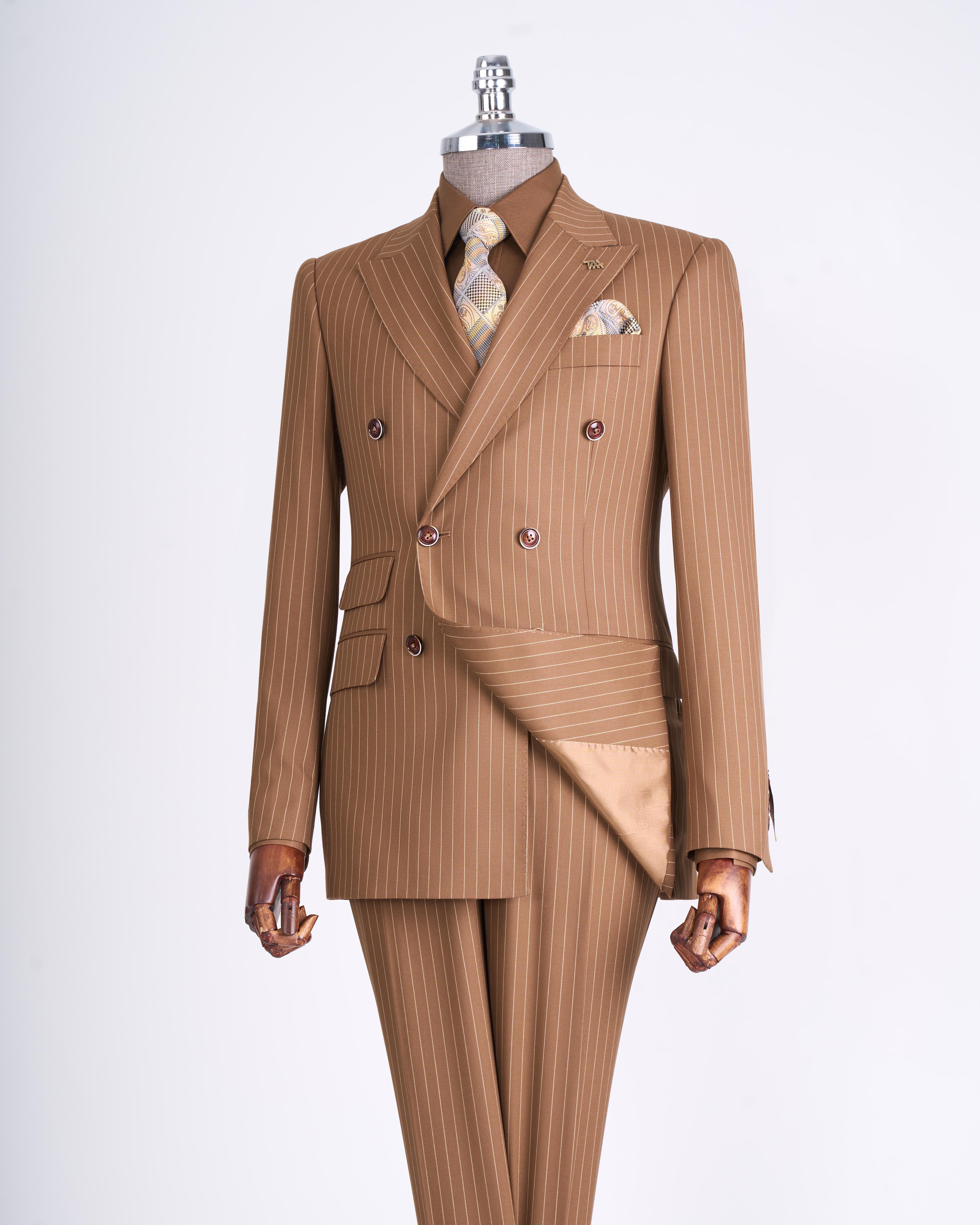 Italian style slim fit striped double breasted jacket trouser suit